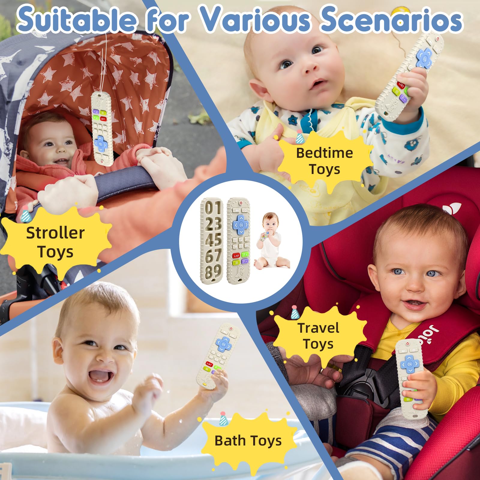 Zahnen Beißringe Spielzeug für Babys 3-6-12 Monate Geschenke, Fernbedienung Baby Zahnungshilfe für 7 8 9 Monate Kleinkind Autismus, Lebensmittelqualität Silikon Badespielzeug, Schwarz