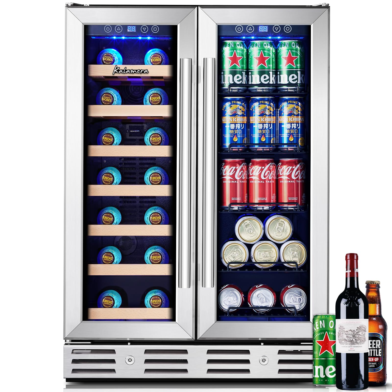 Kalamera 24 inch Wine Cooler, 37 Bottle - Dual Zone Built-in or Freestanding Fridge with Stainless Steel Reversible Glass Door, for Home, Kitchen or Office