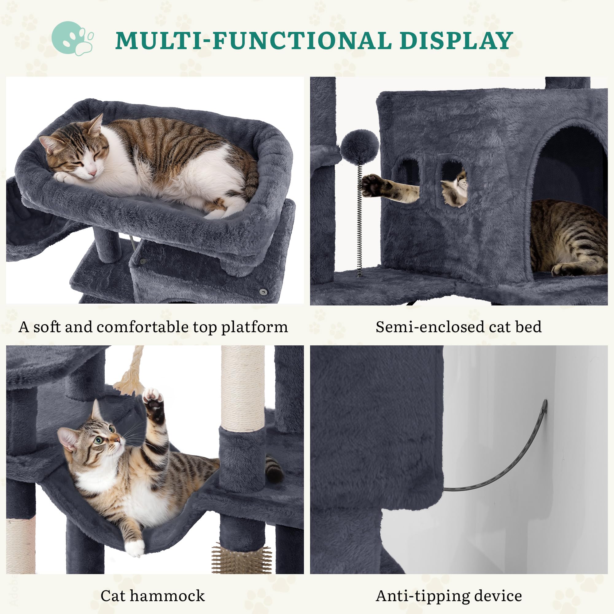 YITAHOME Kratzbaum, Katzenkratzbaum, für Große Katze, Katzenbaum, Katzenbürsten, 11 cm Dicke Stämme, Große Plattformen, Plüschkissen, Höhle, 50 x 50 x 157 cm, Beige