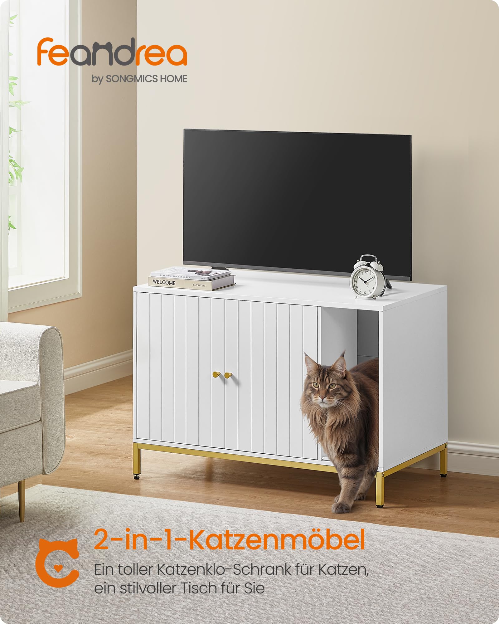 Feandrea Katzenklo-Schrank, Katzenhaus, Katzentoilette, mit Kratzmatte, hohe Beine, für Katzen, Beistelltisch, 80 x 50 x 55 cm, weiß-goldfarben PCL007W01