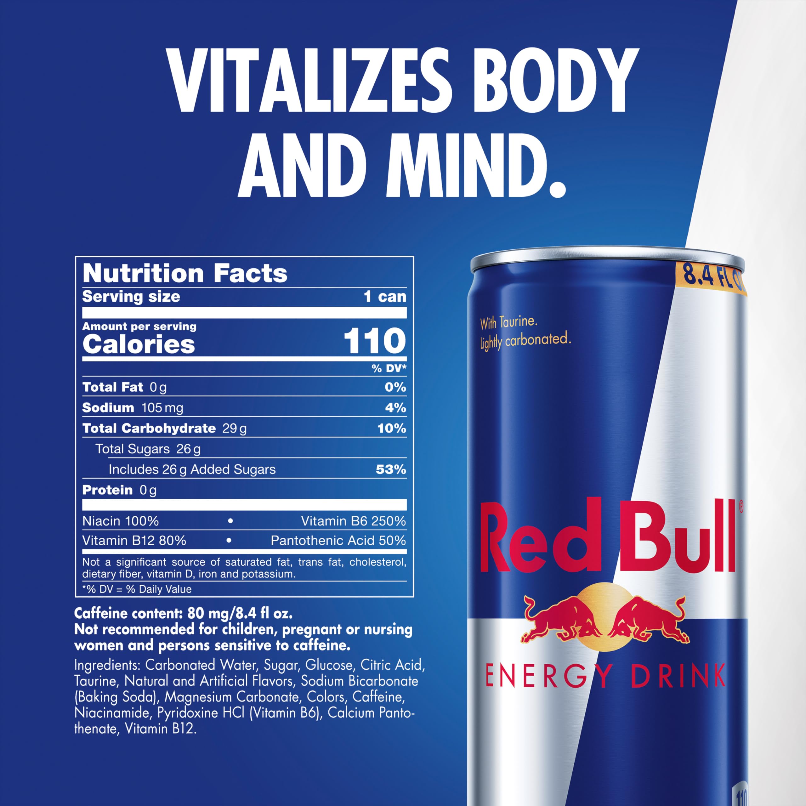 Red Bull Energy Drink with 80mg Caffeine plus Taurine & B Vitamins, 8.4 Fl Oz, 6 Packs of 4 Cans (Pack of 24)