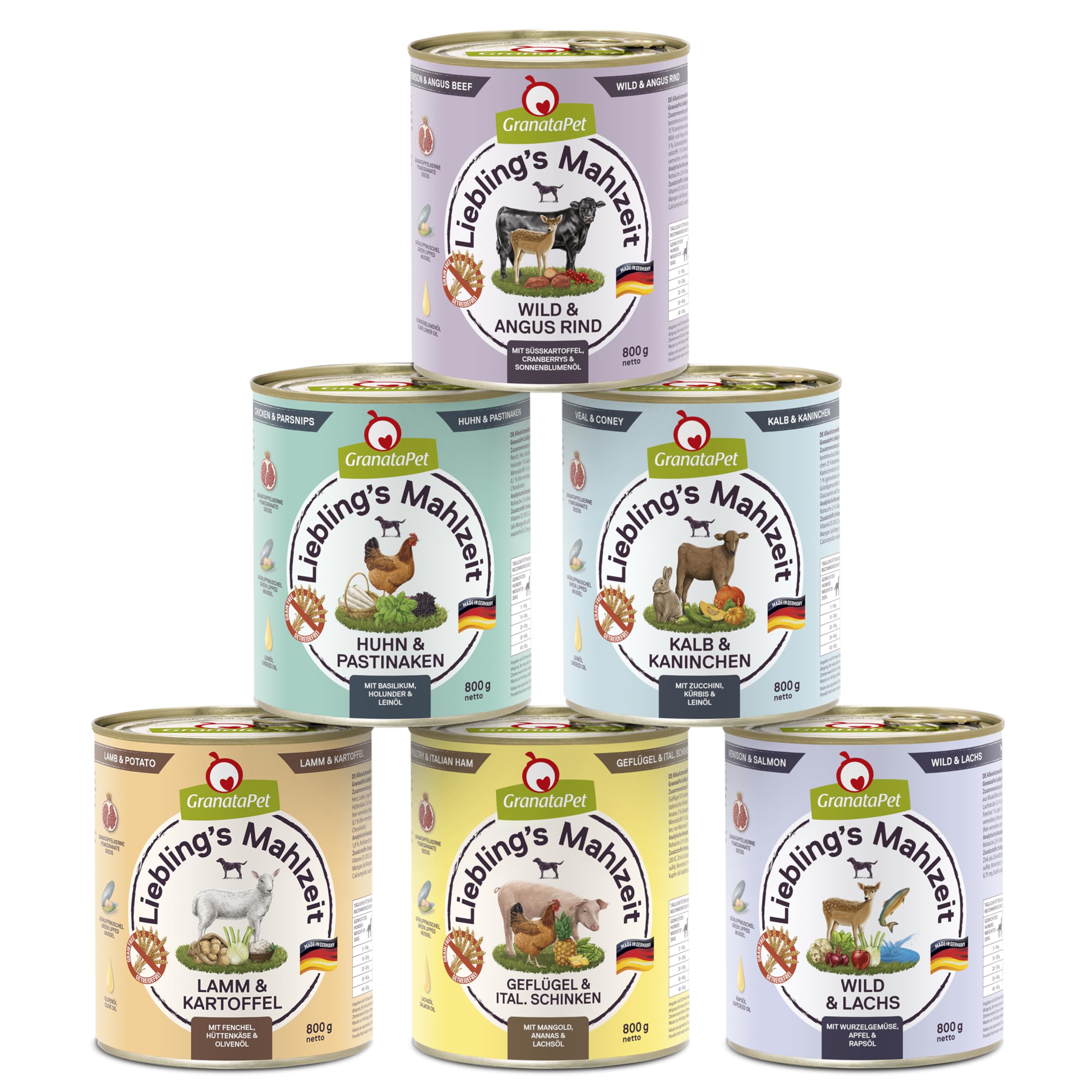 GranataPet Liebling's Mahlzeit Multipack 2, Nassfutter für Hunde im Probierpaket, Alleinfuttermittel ohne Getreide, Hundefutter mit hohem Fleischanteil & hochwertigen Ölen, 6 x 800 g