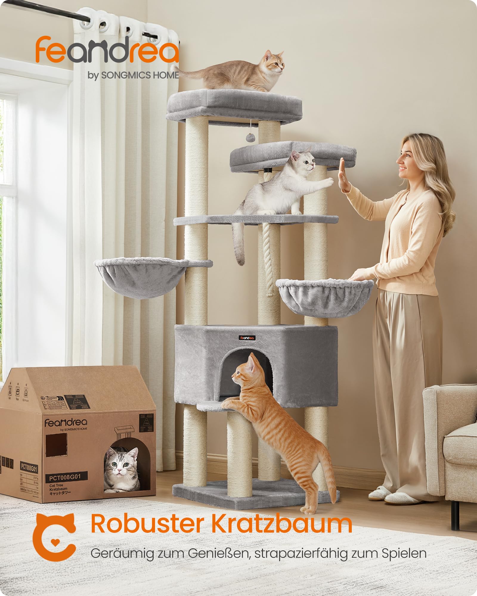 Feandrea Kratzbaum groß, mehrstöckiger Katzenbaum, XXL, 55 x 55 x 186,7 cm, 11 cm d Dicke Sisalstämme, für große Katzen wie Maine-Coon-Katze, Katzenkratzbaum, Taubengrau-tintenschwarz PCT008G02