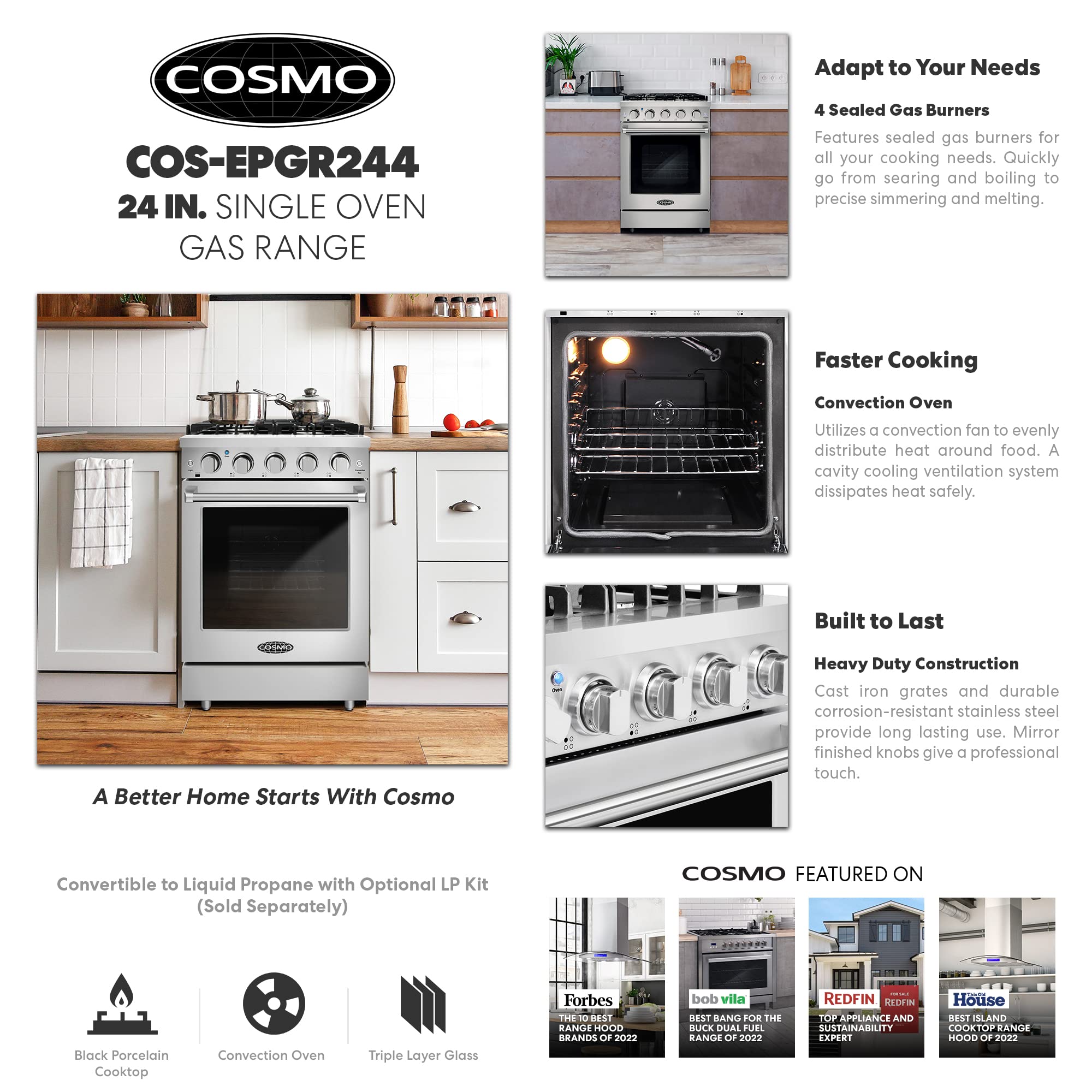 COSMO COS-EPGR366 36 in. Haven Collection 6.0 cu. ft. Gas Range, 6 Burners, Convection Oven, Knob LEDs, Storage Drawer, Stainless Steel