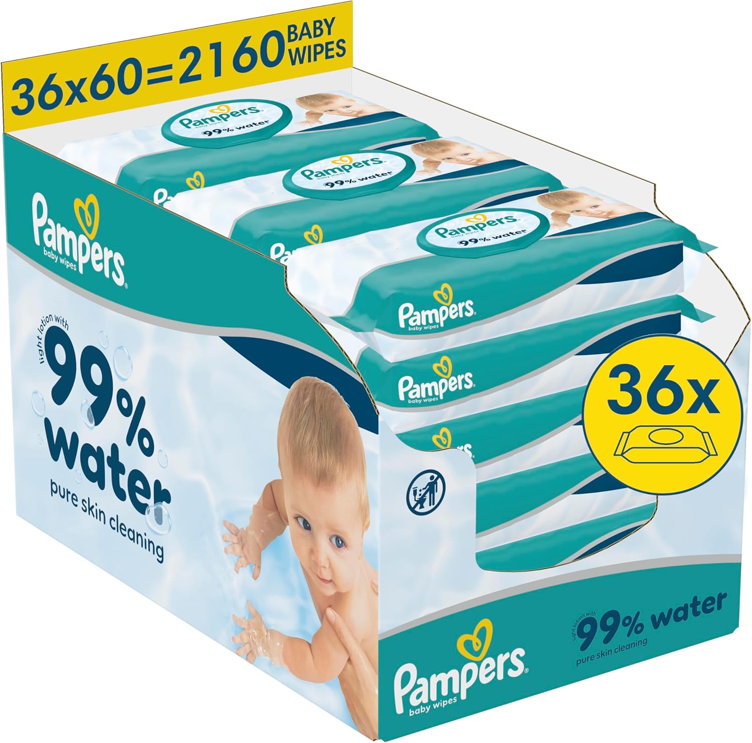 Pampers 99% Water Baby-Feuchttücher, 18 Packungen mit 60 Feuchttüchern = 1080 Baby-Feuchttücher, leichte Lotion mit 99% Wasser