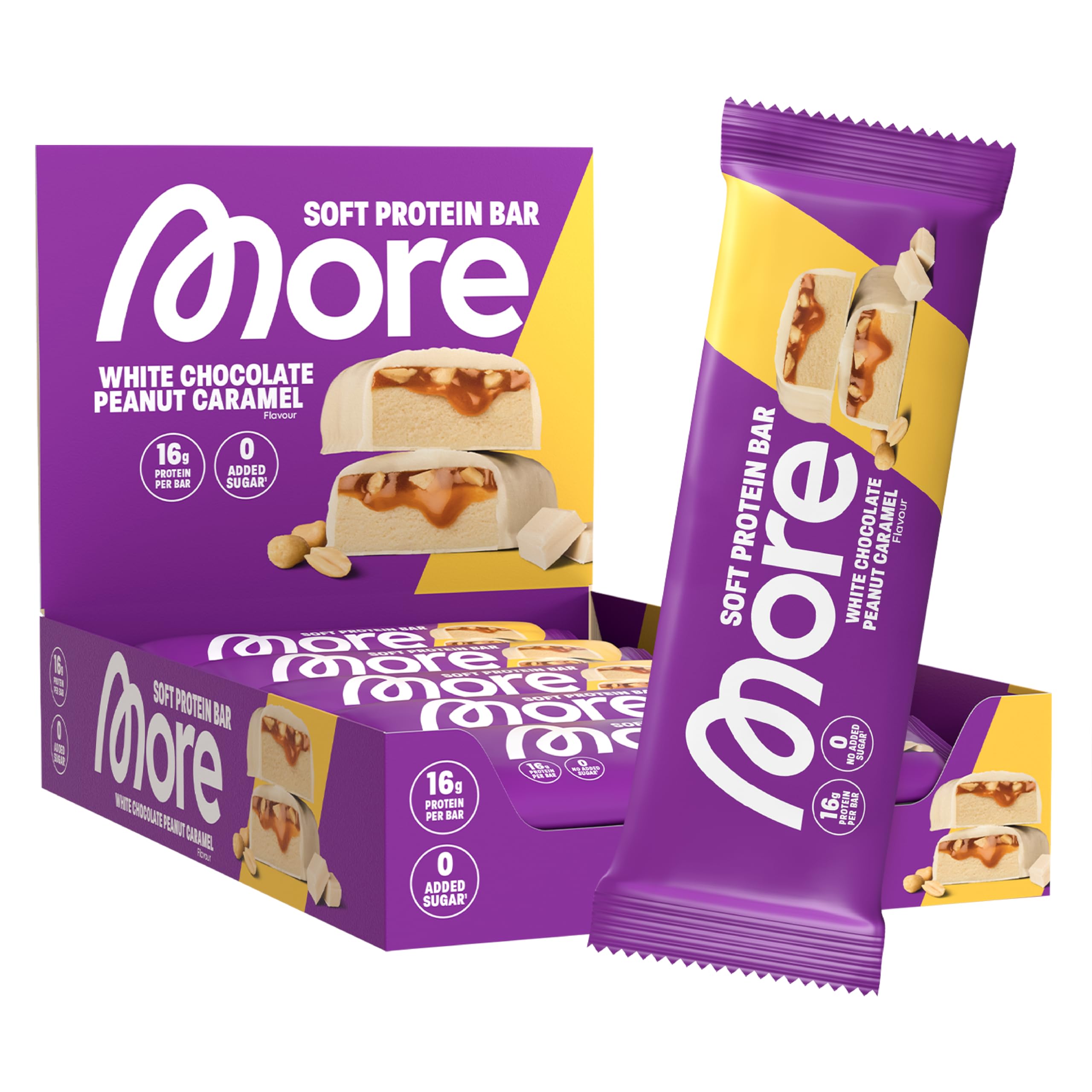 MORE Protein Bar, 10er Box, White Chocolate Peanut Caramel, Protein Riegel ohne Zuckerzusatz (Design kann variieren)