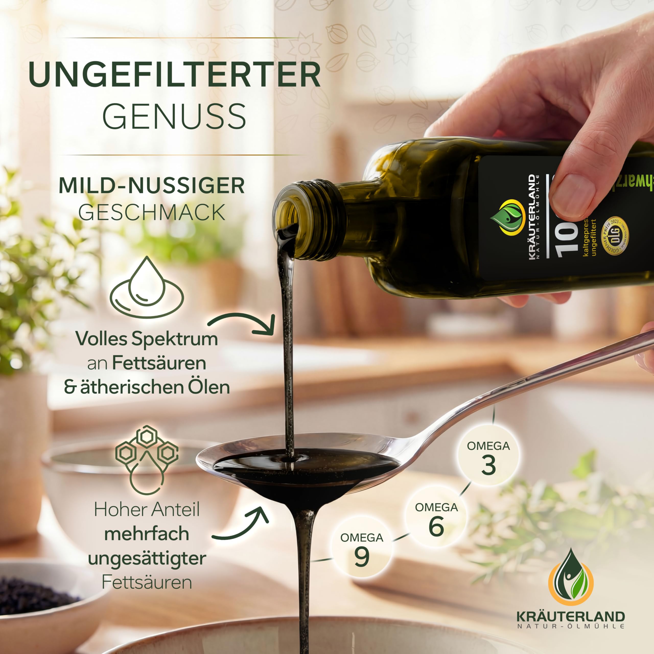 Kräuterland Schwarzkümmelöl 500ml, kaltgepresst & ungefiltert, hoher Thymochinon‑Anteil, ägyptische Samen, mühlenfrisch, 100 % Nigella sativa, naturrein ohne Zusatzstoffe, lichtgeschützten Glas