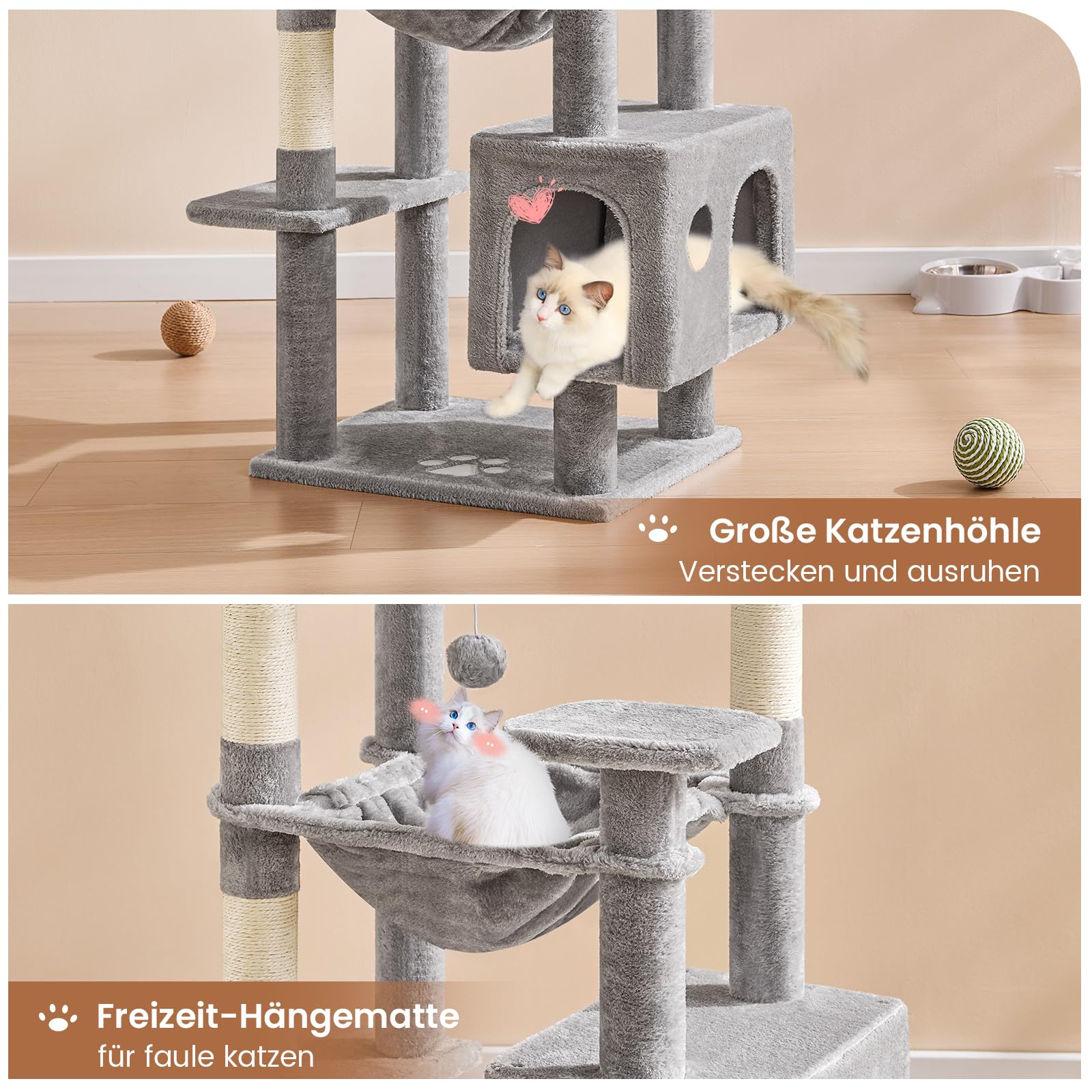MSmask Kratzbaum groß, L Katzenbaum Stabil, Katzenkratzbaum mit 2 Plattformen, 2 Katzenhöhlen, Hängematte, Sisalsäulen, mehrstöckiger Kletterbaum für Katzen (Hellgrau, 160 cm)