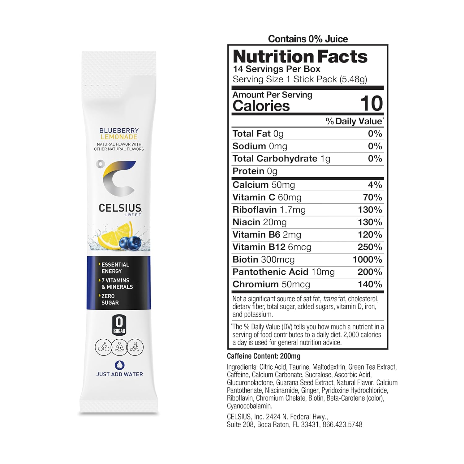 CELSIUS On The Go Blueberry Lemonade, Sugar Free Energy Drink Mix (14 Sticks per Pack)