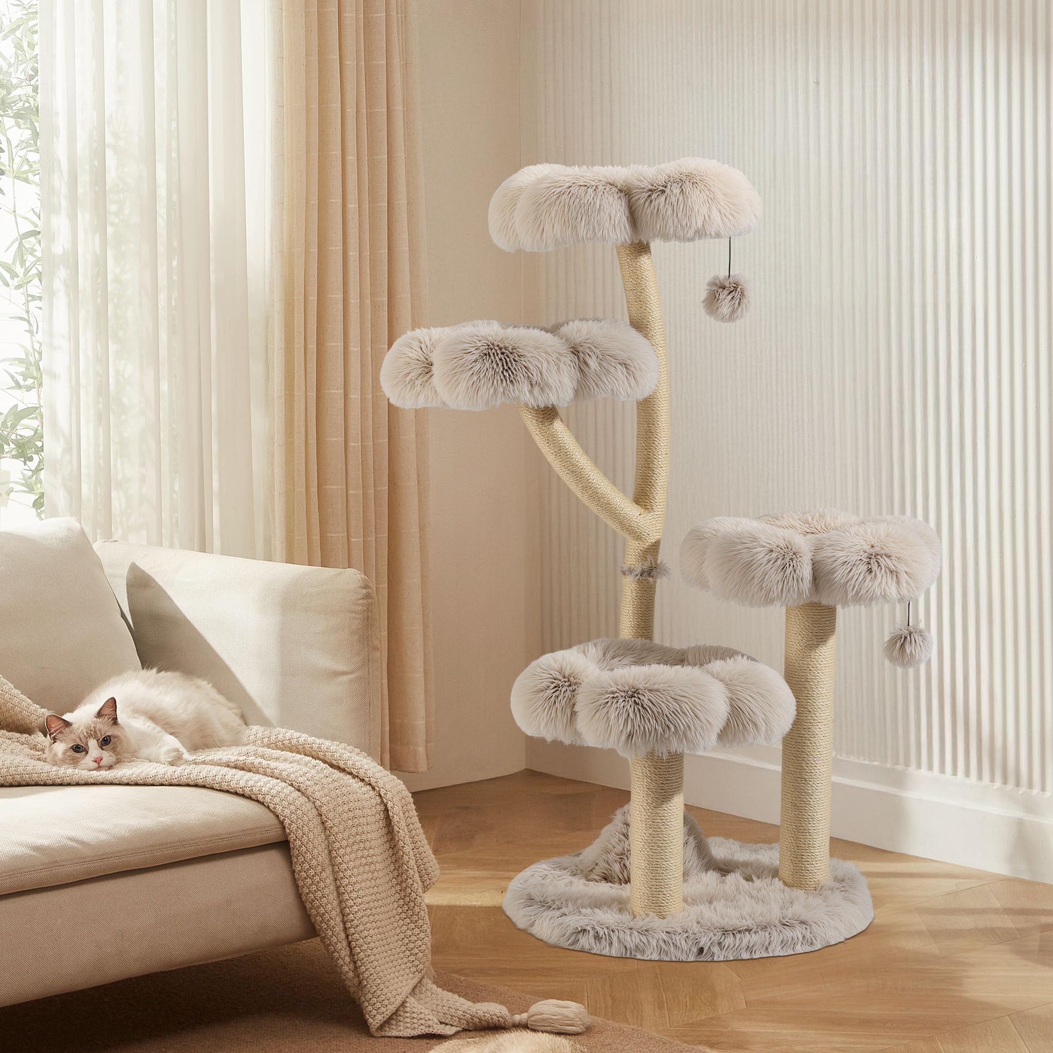 Fudajo Designer Kratzbaum mit Hängeliege, Katzenkratzbaum 59 x 59 x 169 cm, Katzenbaum bis max. 15 kg mit Sisal und Plüsch, Katzenmöbel mit 3 Etagen