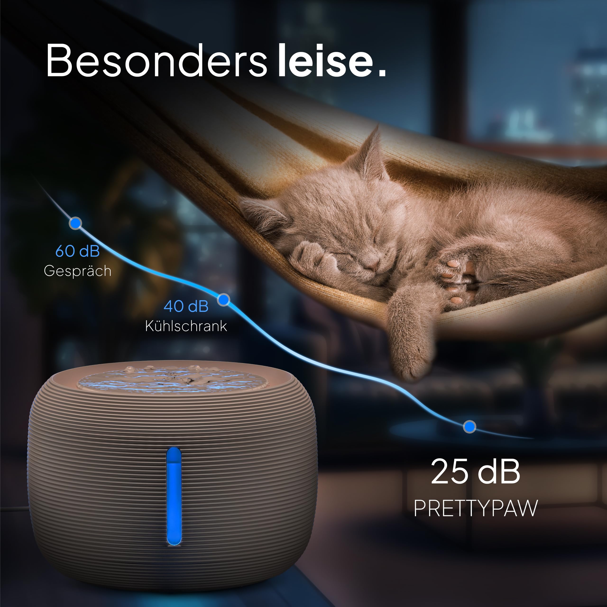 Pretty Paw Trinkbrunnen für Katze – Flüsterleiser 2,5L Katzenbrunnen mit LED & Aktivkohlefilter - BPA-frei & leicht zu reinigen - Hochwertige Lösung zum fairen Preis - KatzenOase Pro