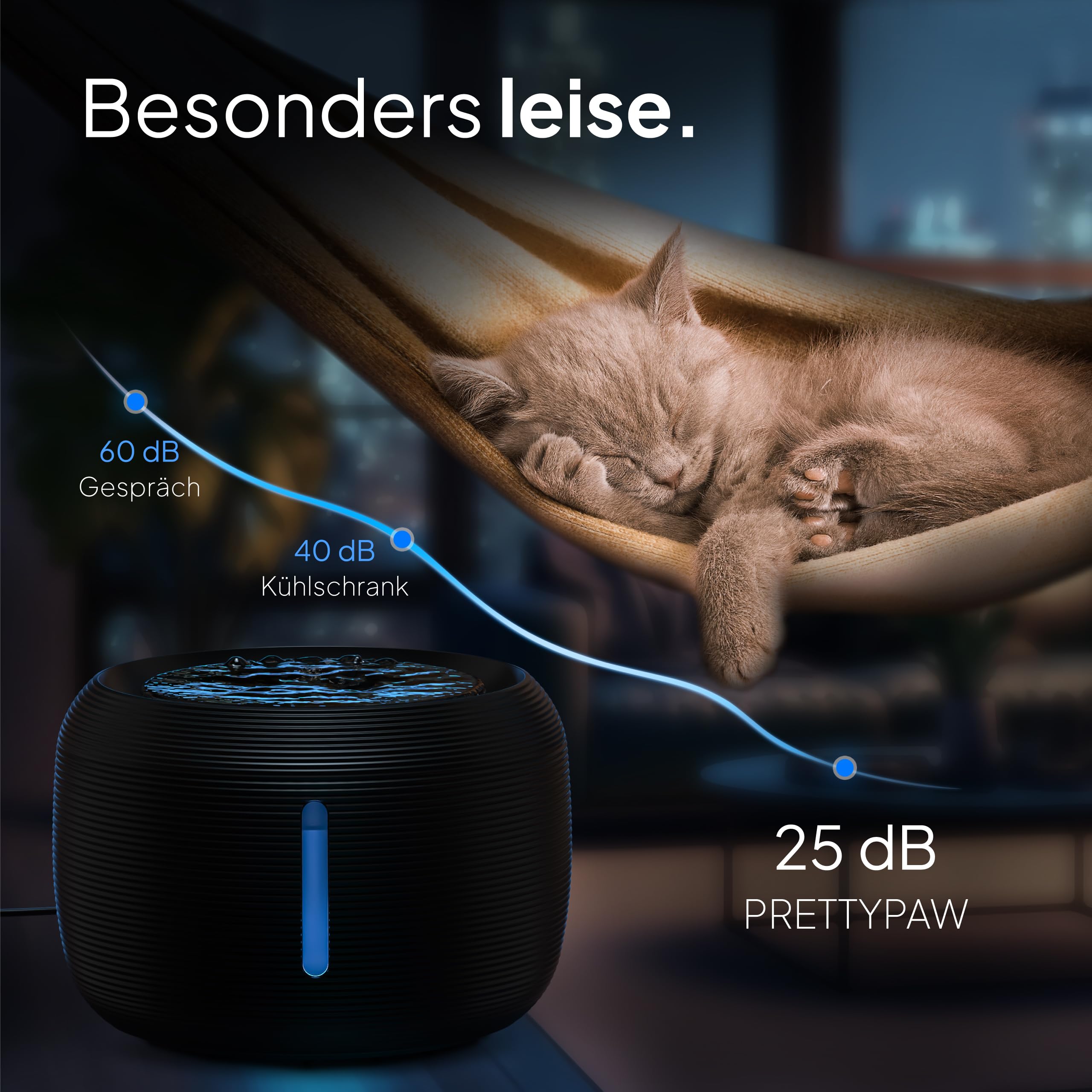 Pretty Paw Trinkbrunnen für Katze – Flüsterleiser 2,5L Katzenbrunnen mit LED & Aktivkohlefilter - BPA-frei & leicht zu reinigen - Hochwertige Lösung zum fairen Preis - KatzenOase Pro