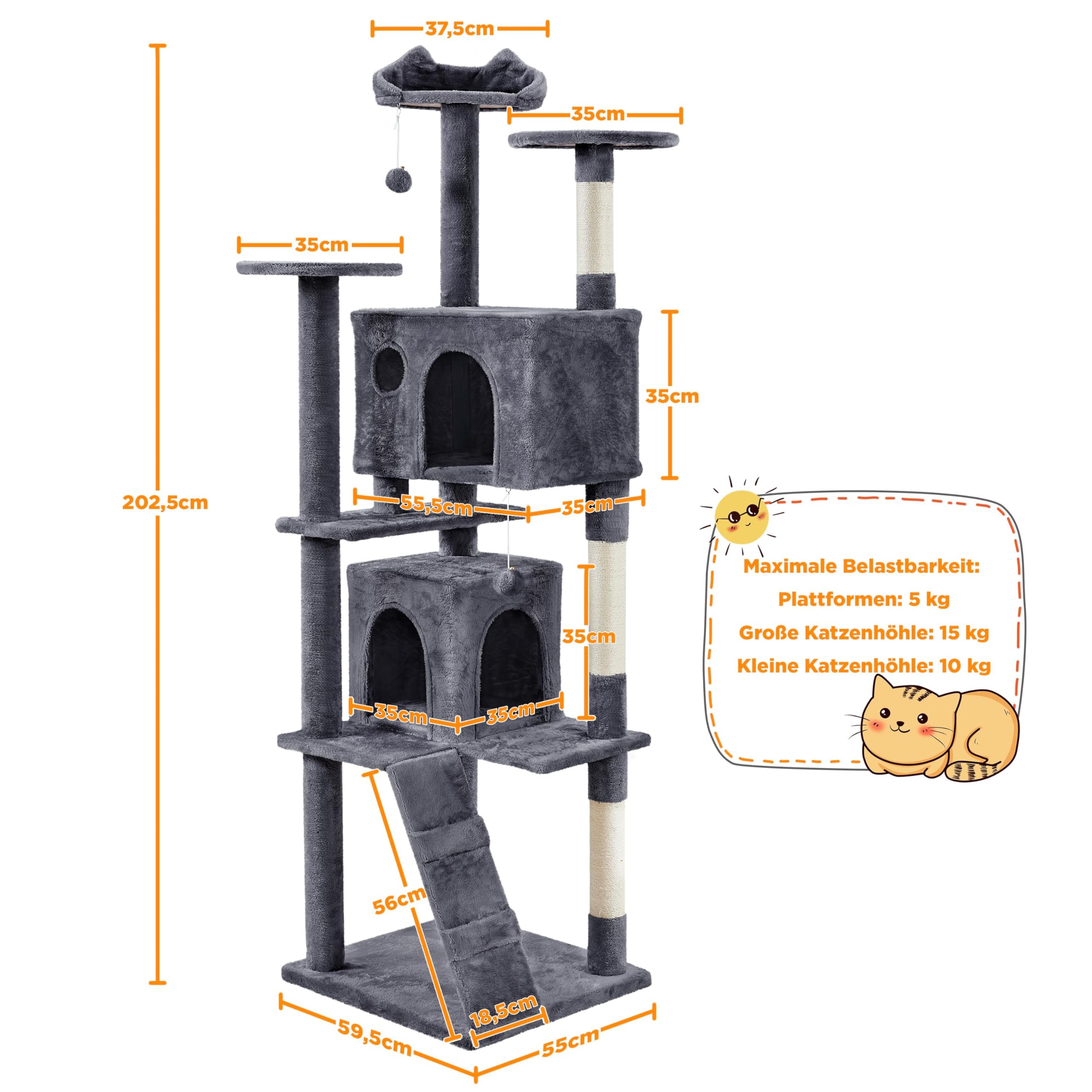 Yaheetech Kratzbaum Groß, 139 cm hoch, Mehrstöckiger Katzenbaum Kletterturm mit 3 Kratzsäulen, 3 Plattformen, 2 Gemütlichen Höhlen, 2 Plüschbällen, Stabiler Aktivitätsbereich für Katzen, Dunkelgrau