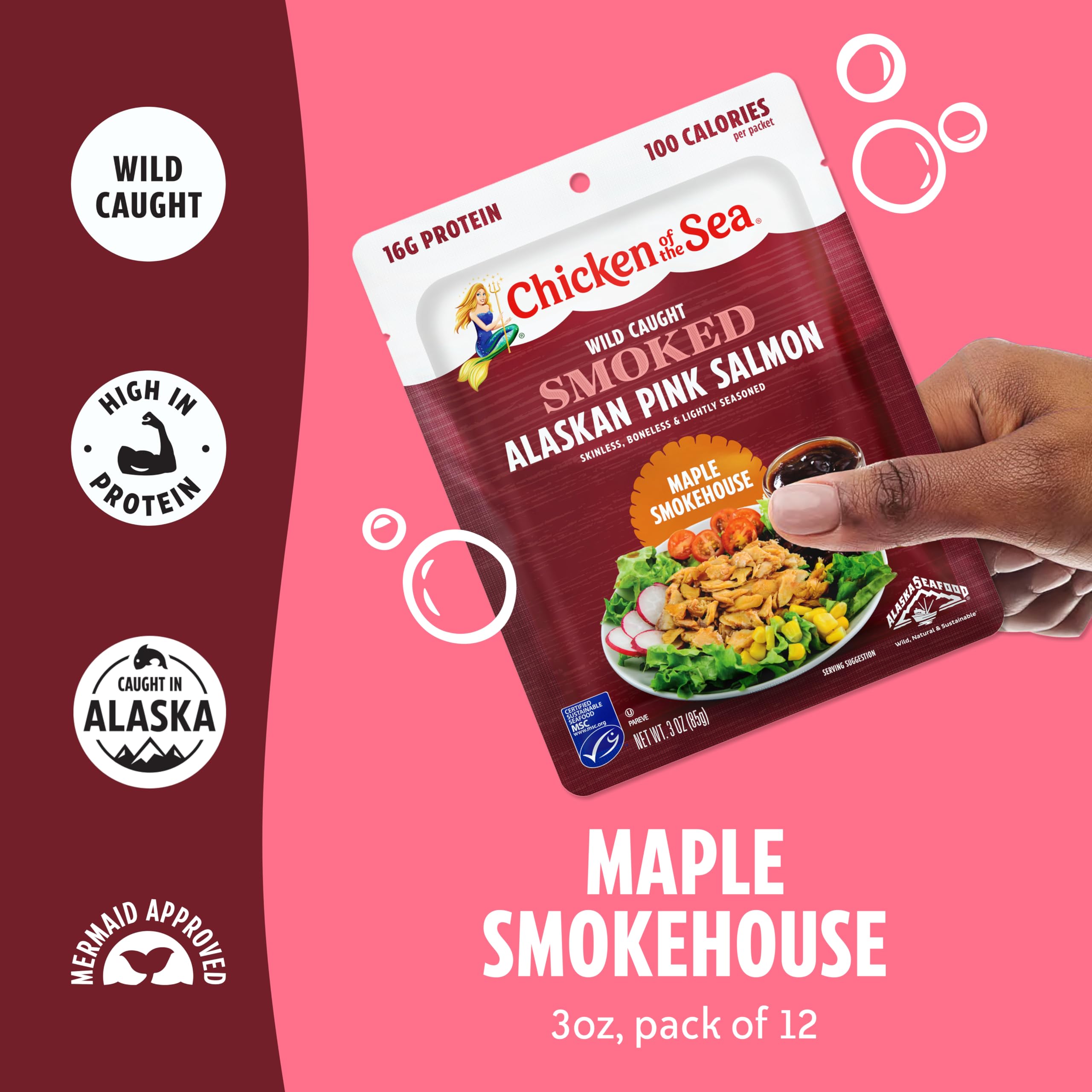 Chicken of the Sea Alaskan Pink Salmon in Spring Water, 2.5 Ounce Packets (Box of 12), Wild Caught, Skinless & Boneless