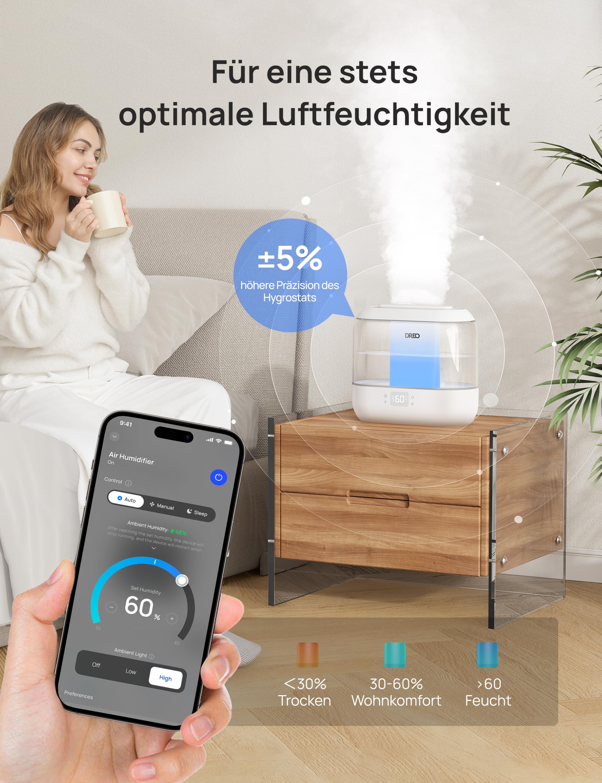 Dreo Smart Luftbefeuchter für Schlafzimmer, oben befüllbarer 4L Supergroßer Kühler Nebel Humidifier mit Öl Diffusor und Nachtlicht, 36 Stunden Laufzeit, leiser Ultraschall Luftbefeuchter Zuhause