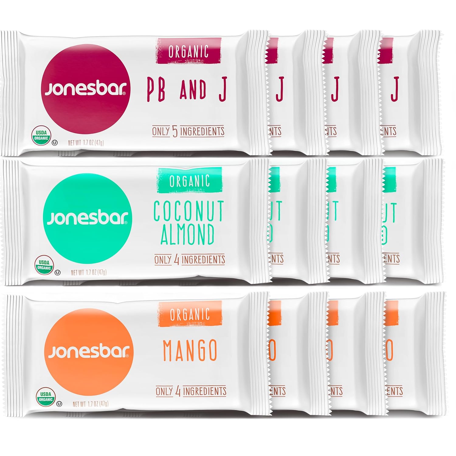JONESBAR Organic Plant-Based Protein Bars | Peanut Butter and Jelly | Fruit & Nut Bar, Kosher, Gluten-Free, Breakfast Bars, School Snacks, Vegan Snack & Healthy Snacks for Adults and Kids (Pack of 12)