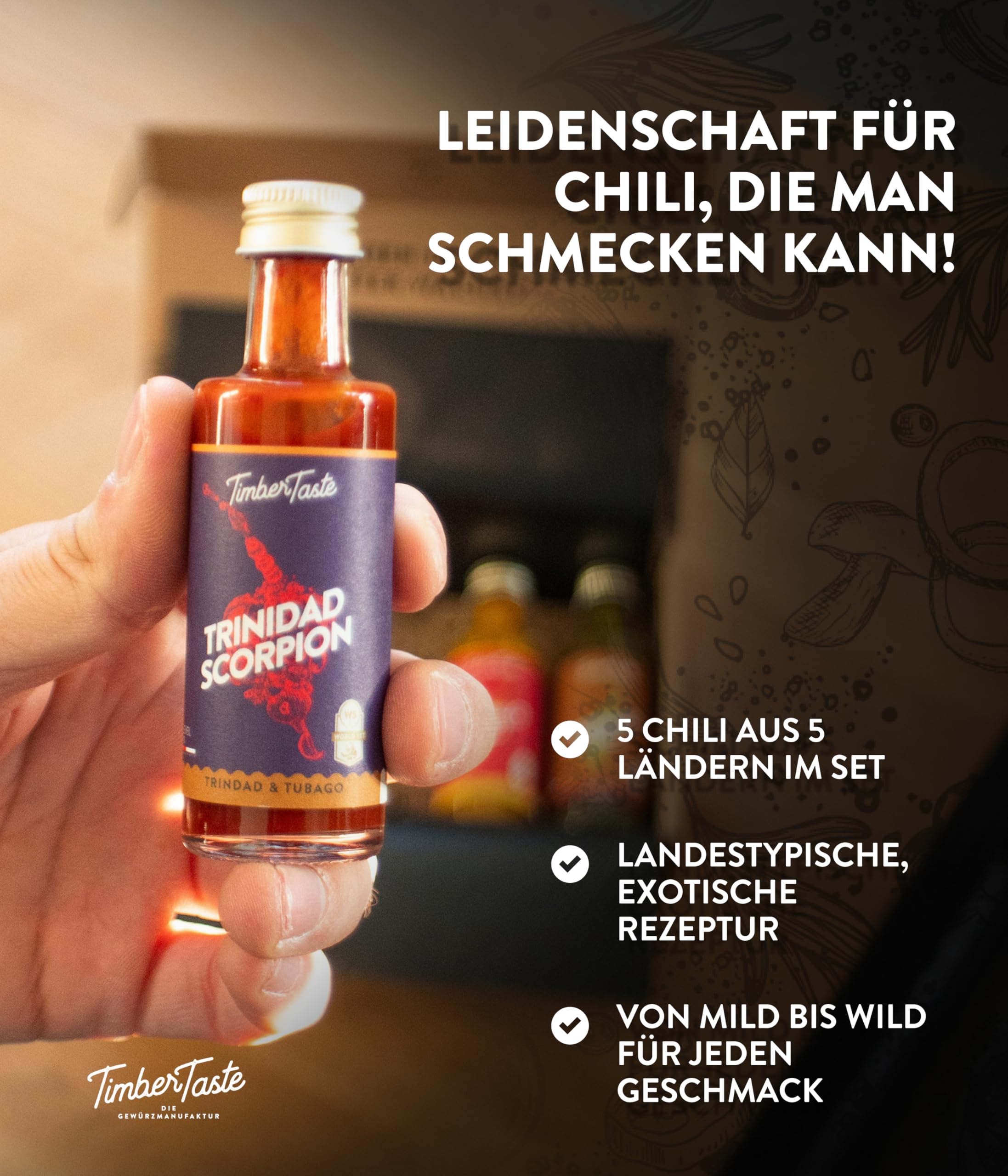 TIMBER TASTE® Chili Geschenkset scharfe Soßen Set - 5 Hot Sauce Set je 40ml in Geschenkverpackung für Liebhaber & Genießer scharfer Saucen | Ostergeschenk Mann | kleine Ostergeschenke Männer