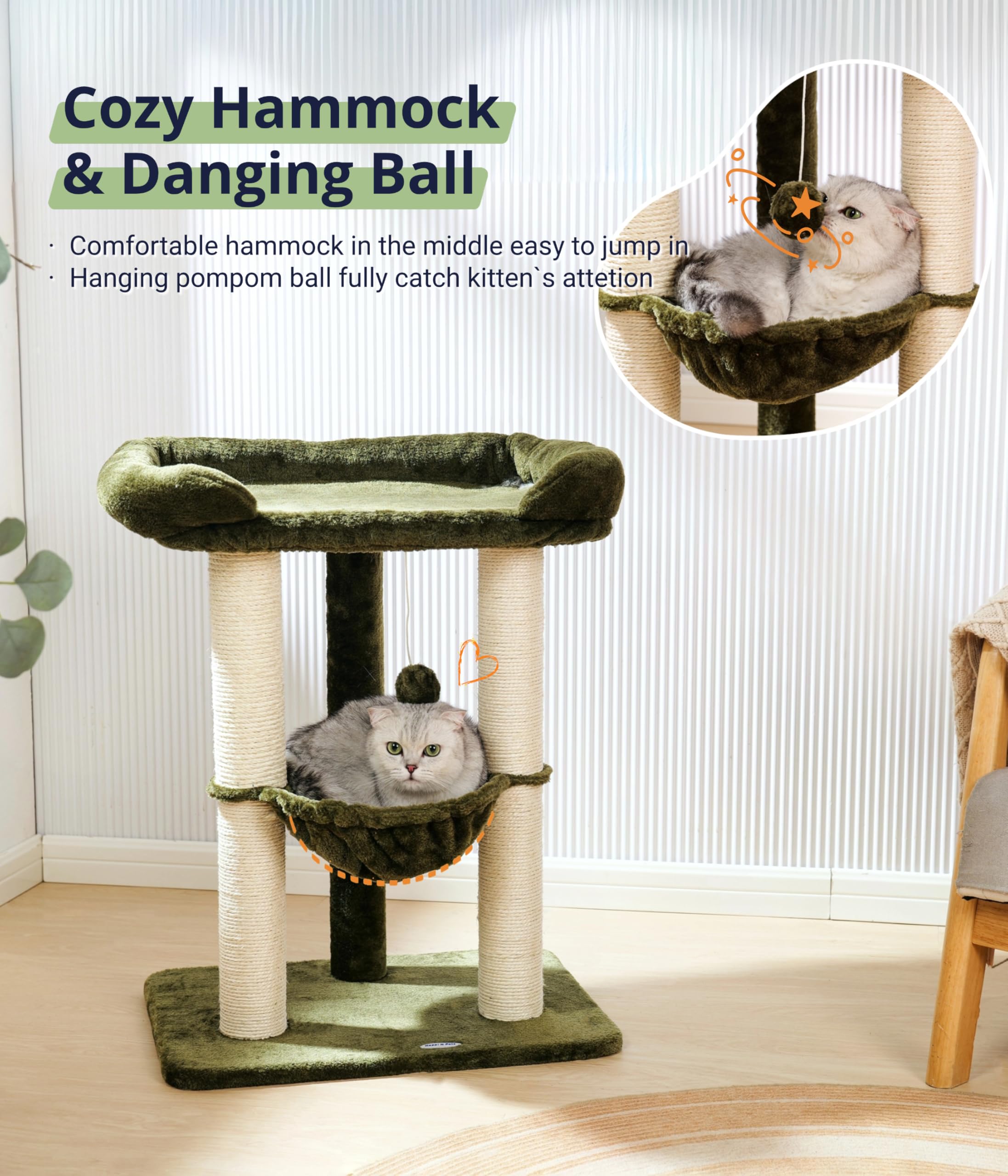 Happi N Pets 71CM Kratzbaum für Katzen, Hoher Kratzstamm mit großem Bett für große Katzen, Sisal-Kratzbaum mit weicher Liegefläche & Hängematte, Stabiler Katzenbaum, Abnehmbarer Bezug-Beige