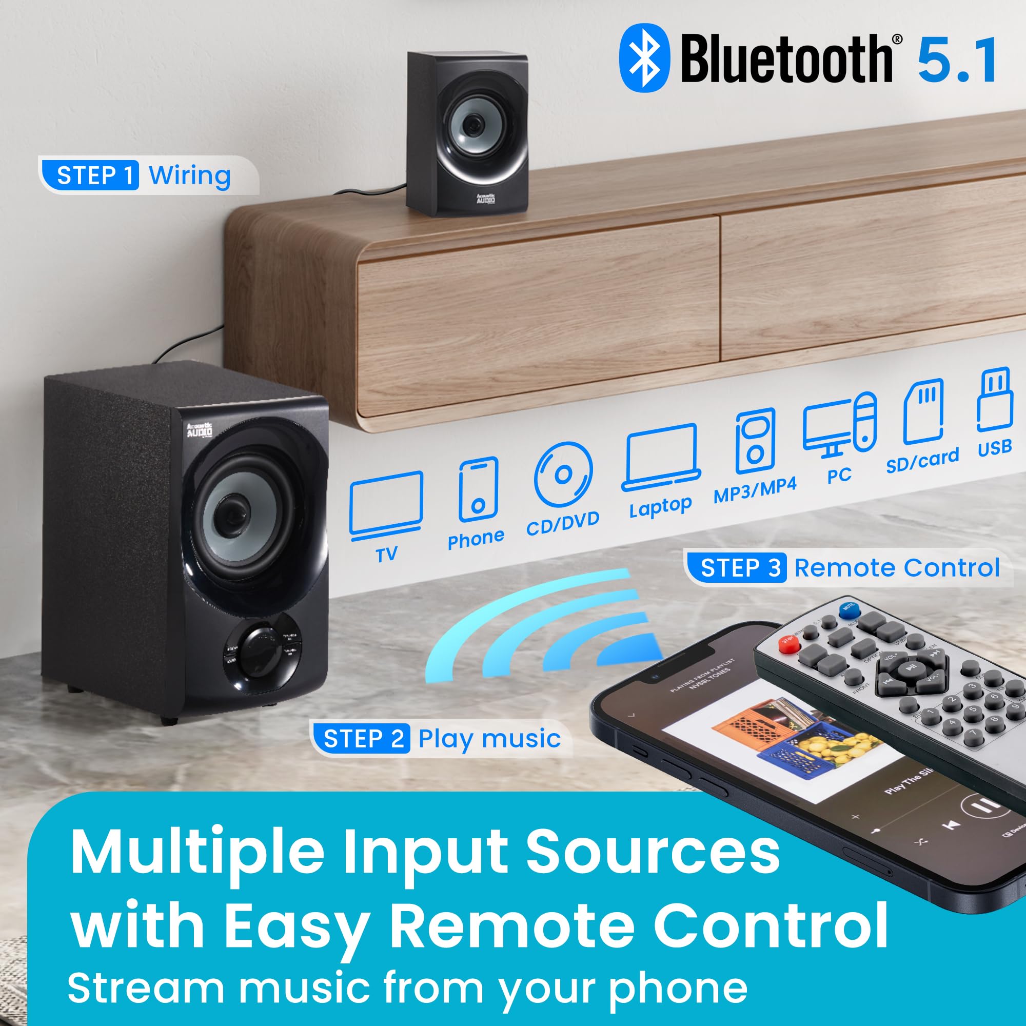 Acoustic Audio AA5170 Home Theater 5.1 Bluetooth Speaker System 700W with Powered Sub