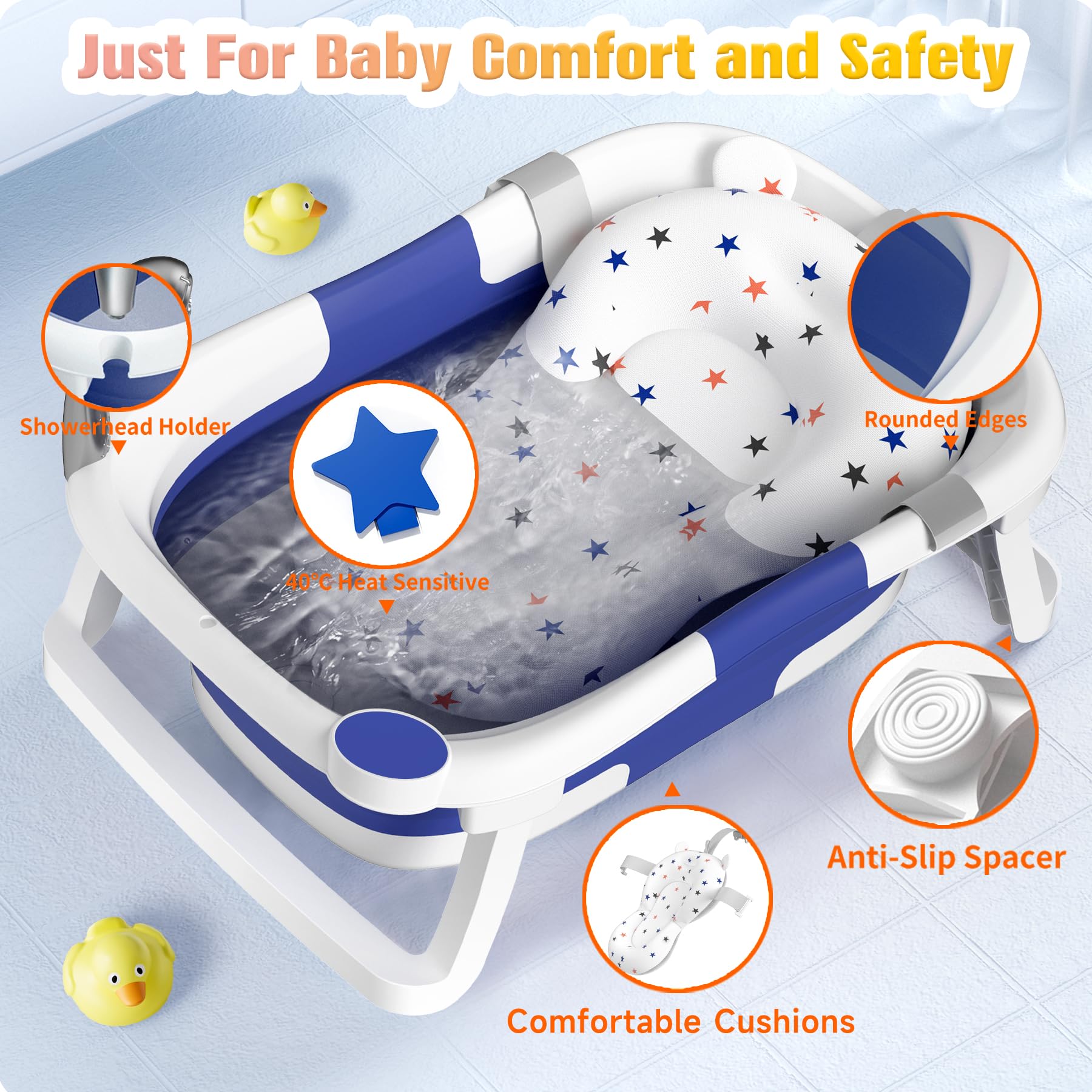 Baby Badewanne Faltbare, Baby Bathtub Babywanne Faltbar Babybadewanne Tragbare Wanne für Neugeborene Kleinkinder mit Rutschfester Matte und Abflussloch (Kein Thermometer) (Grau)