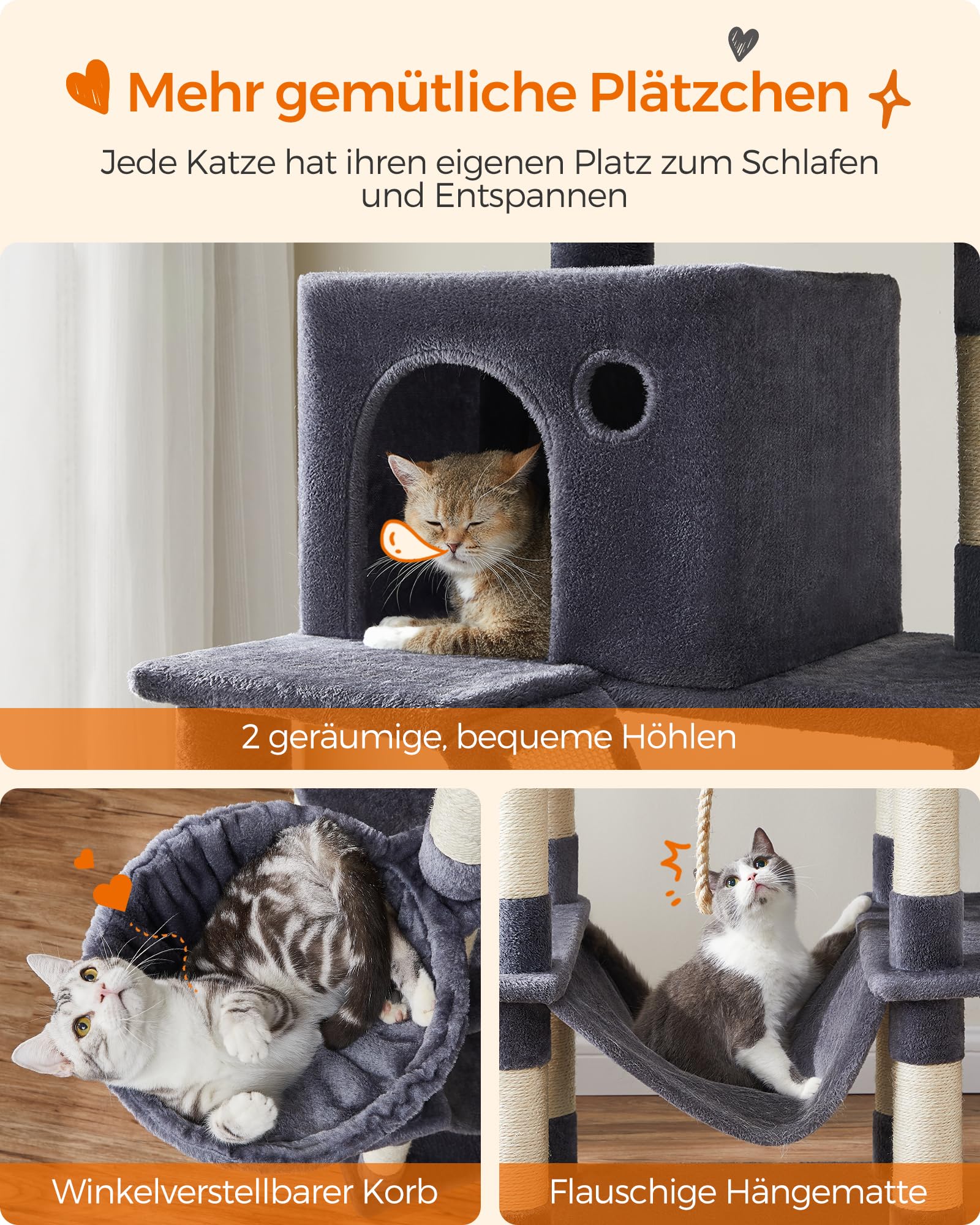 Feandrea Kratzbaum groß, 203,5 cm hoch, XXL Katzenbaum, mit 13 Kratzsäulen, 2 Plattformen, 2 Höhlen, Korb, Hängematte, Plüschbälle, mehrstöckiger Katzenkratzbaum, rauchgrau PCT190G01