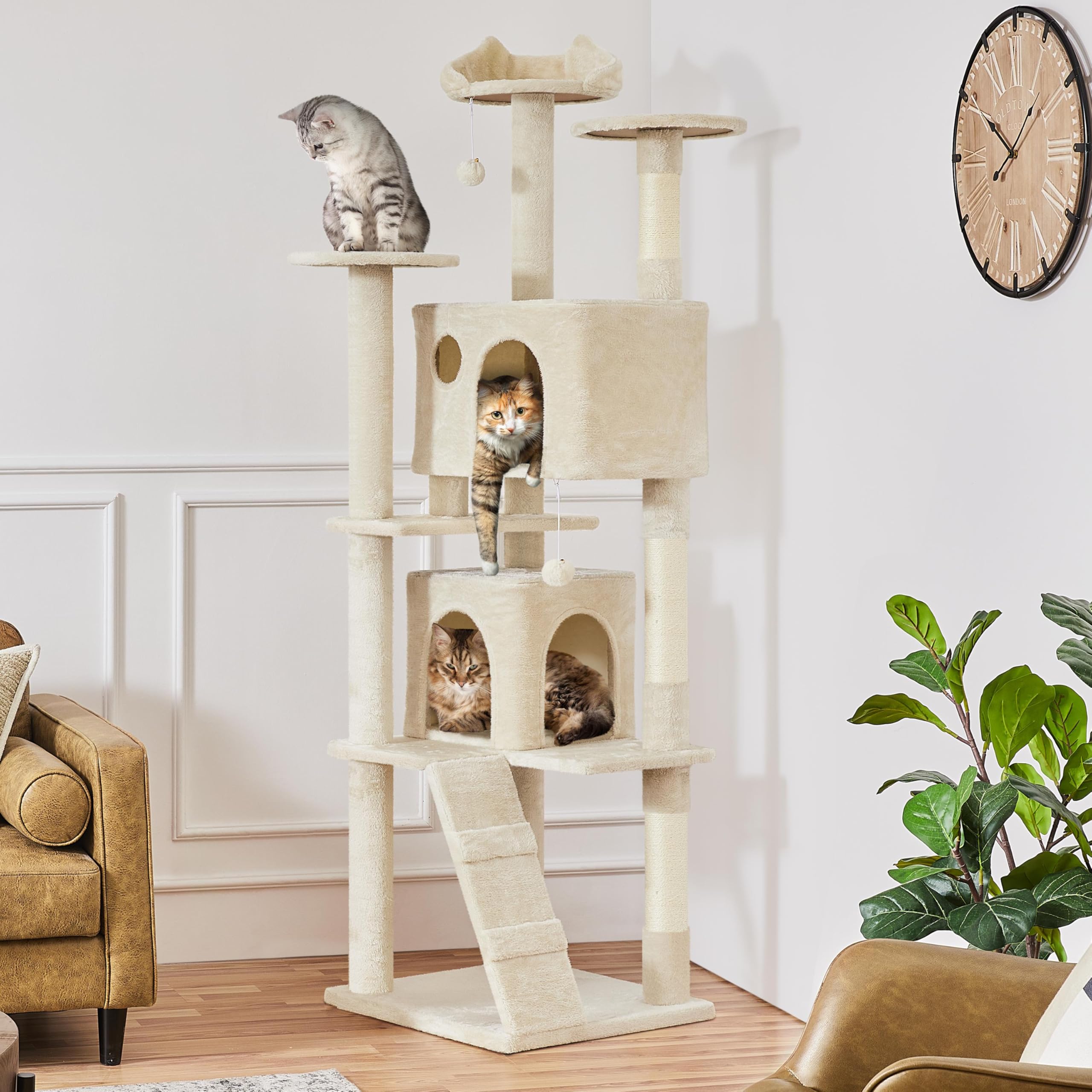 Yaheetech Kratzbaum Groß, 139 cm hoch, Mehrstöckiger Katzenbaum Kletterturm mit 3 Kratzsäulen, 3 Plattformen, 2 Gemütlichen Höhlen, 2 Plüschbällen, Stabiler Aktivitätsbereich für Katzen, Dunkelgrau