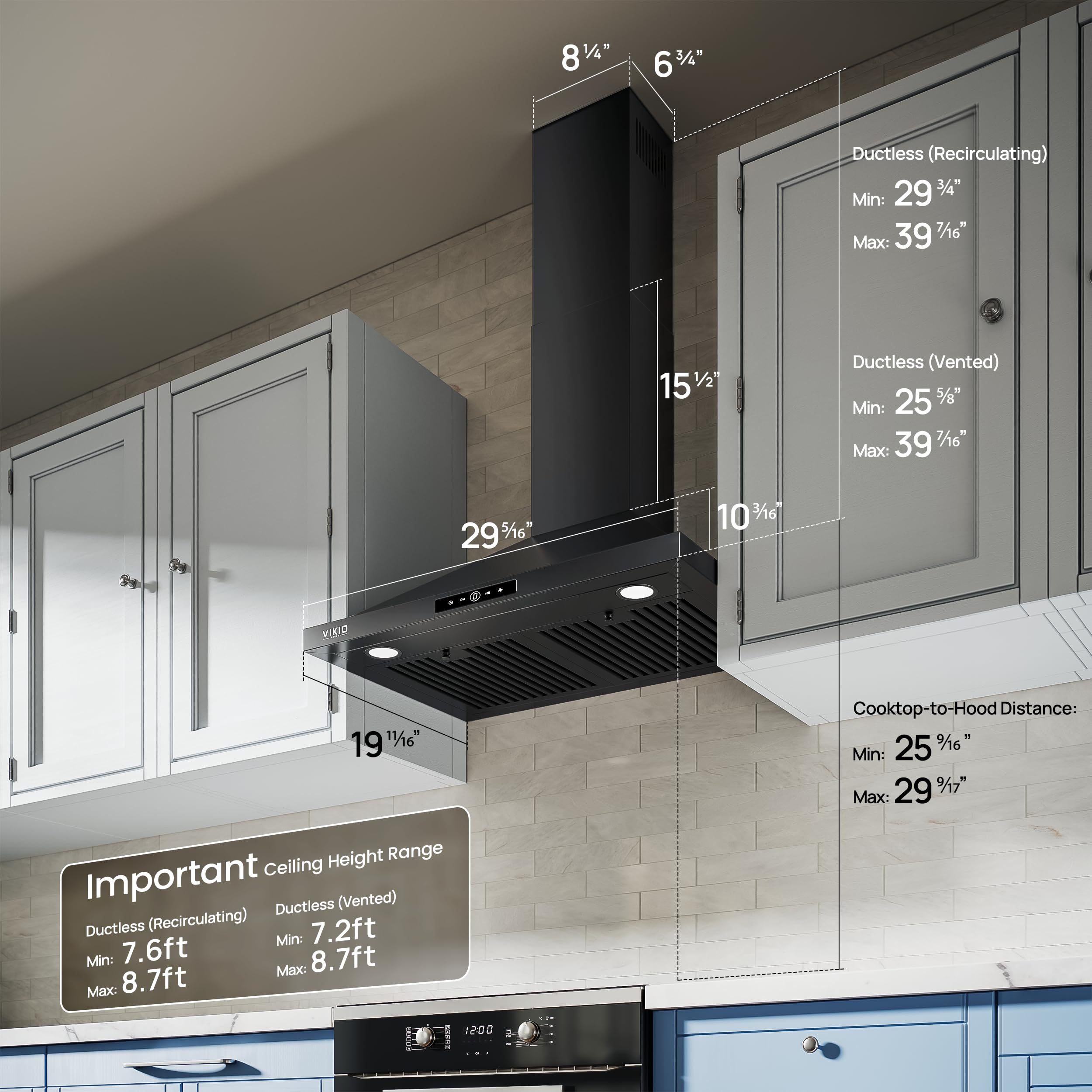 VIKIO HOME Wall Mount Range Hood 30 inch, 580 CFM, Ducted/Ductless Convertible, Stainless Steel Kitchen Vent Hood with 3-Speed Fan and LED Lights