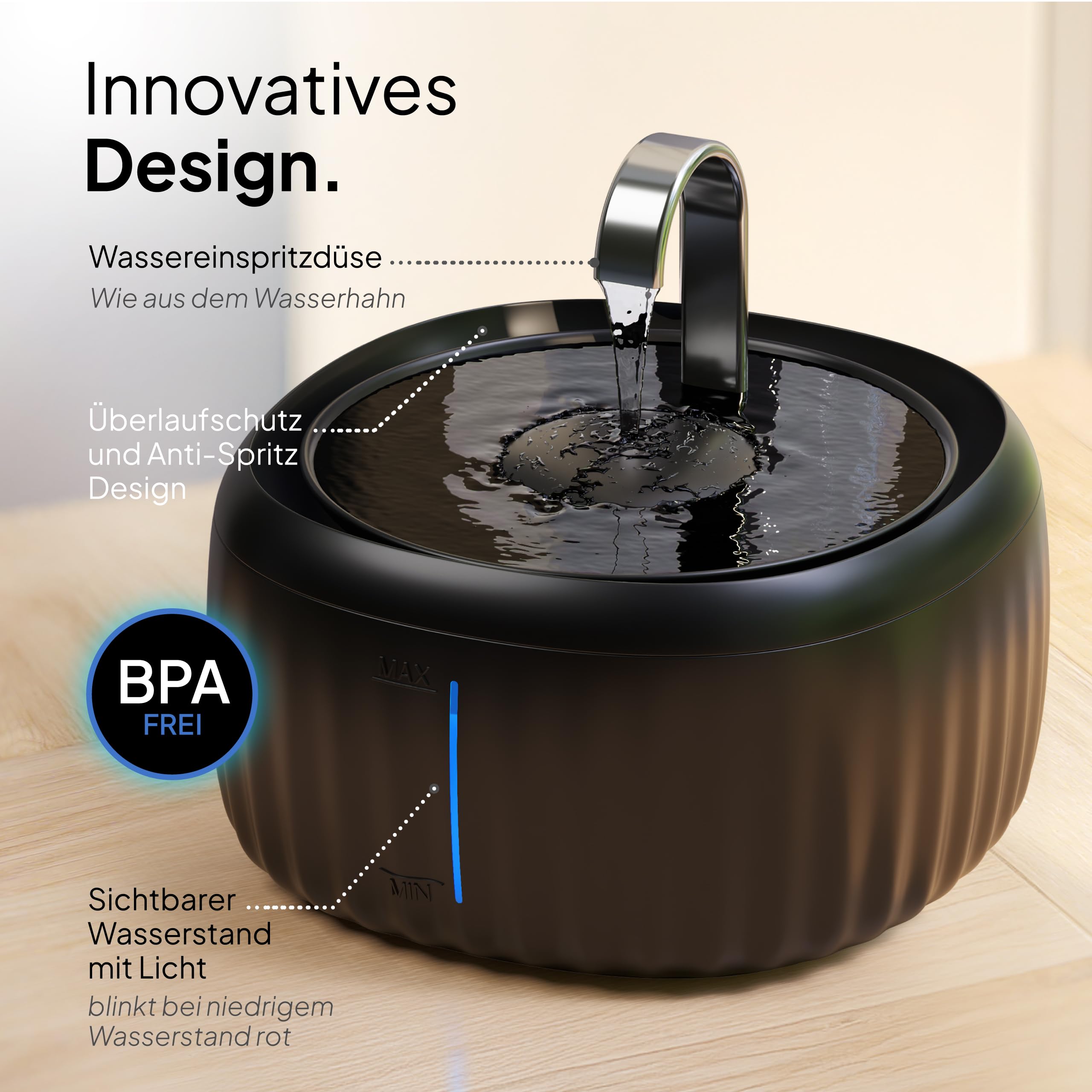 PrettyPaw Katzenbrunnen - Super leiser, BPA-freier 3L Trinkbrunnen für Katze mit LED und Aktivkohlefilter - Leicht zu reinigender Katzen Trinkbrunnen - Aqua Flow (Schwarz)