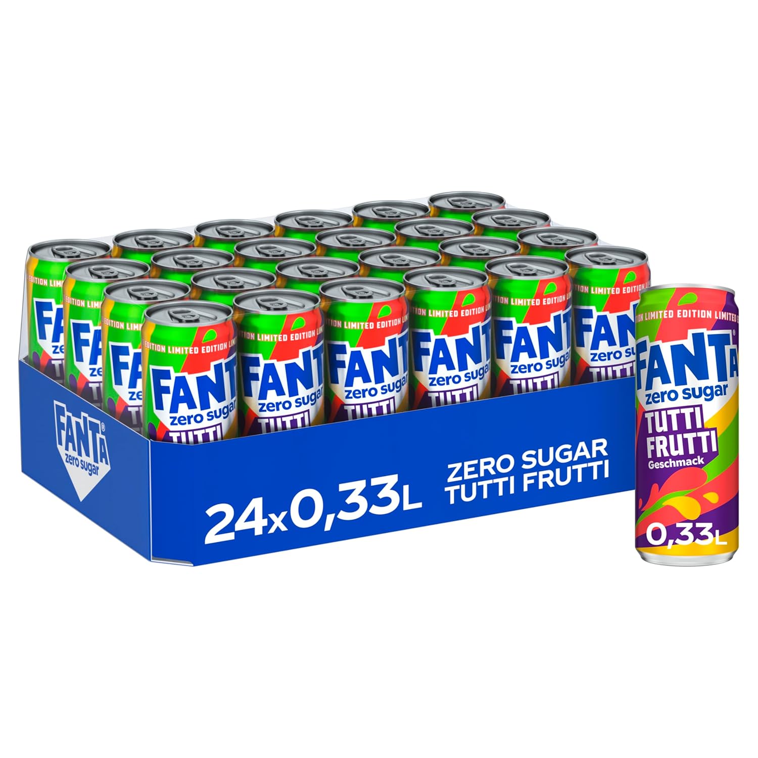 Fanta Tutti Frutti ohne zucker - mit fruchtigem Geschmack einer Mischung tropischer Früchte ohne Kalorien - temporäres, erfrischendes Softgetränk in Einweg Dosen (24 x 330 ml)