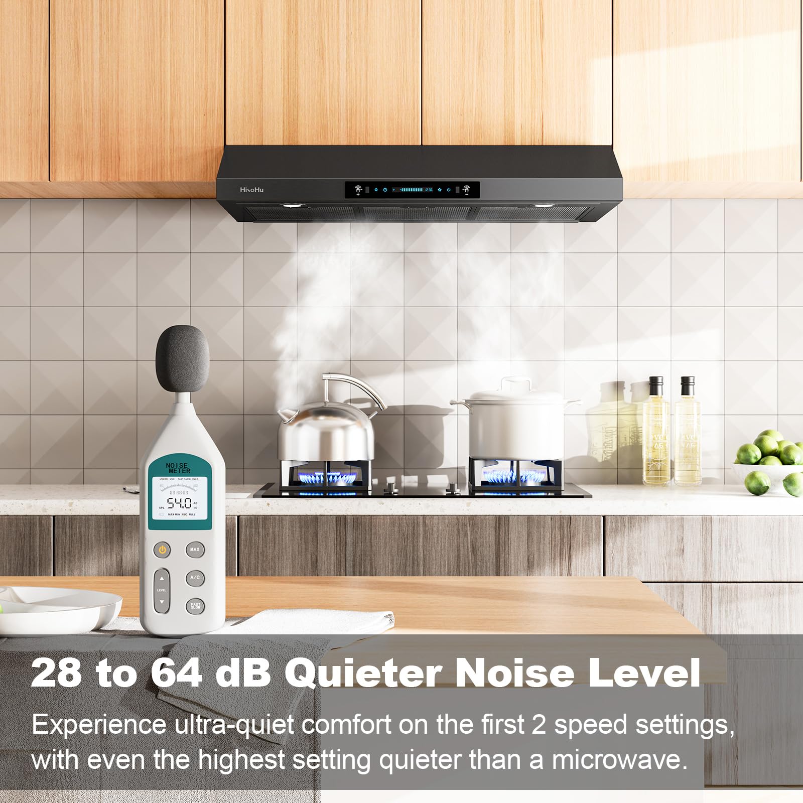 HisoHu 30 Inch Under Ducted Cabinet Range Hood with 1200 CFM, 4 Speed Gesture Sensing Kitchen Exhaust Hood & Touch Control Panel, Stainless Steel Stove Vent Hood with 2 LED Lights