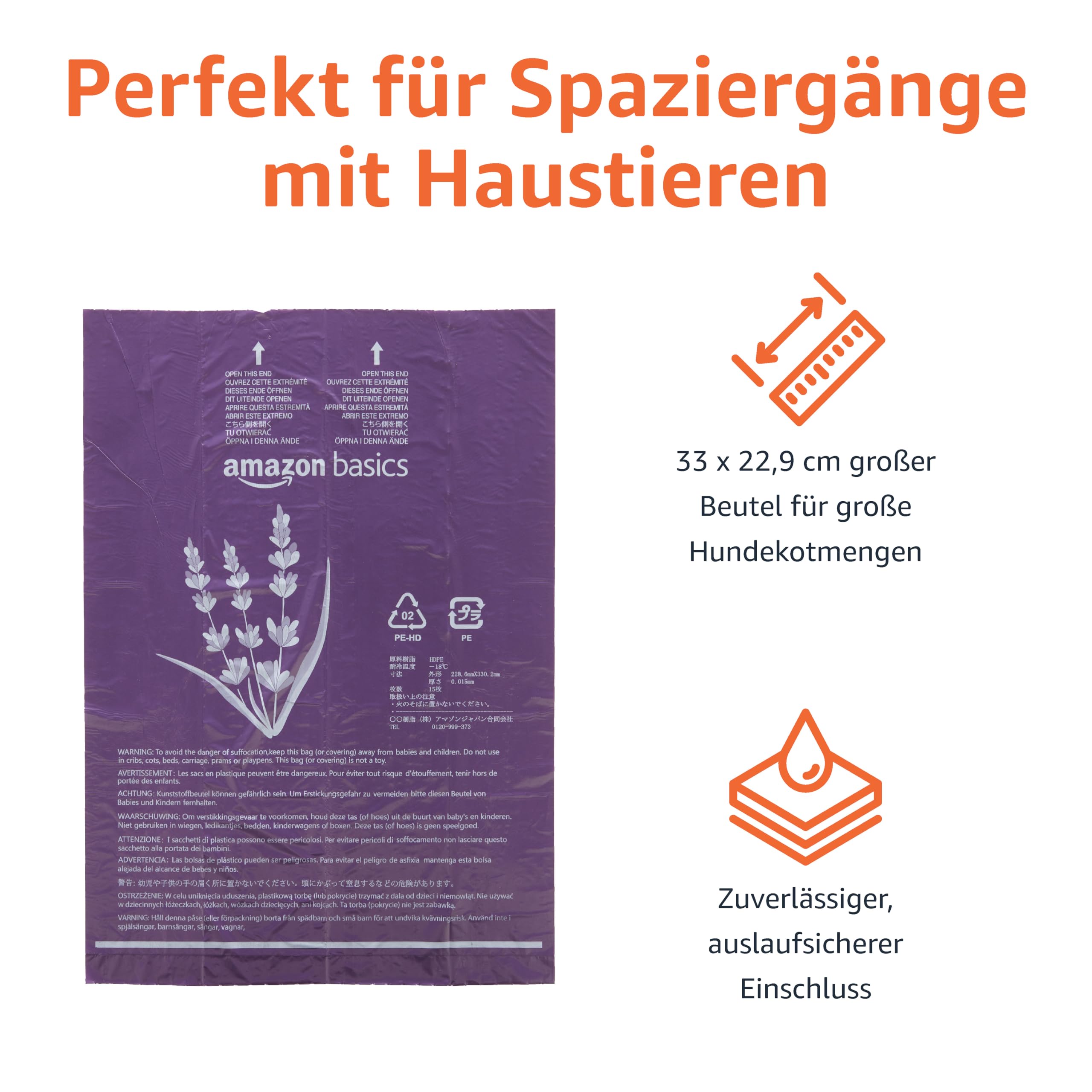 Amazon Basics Hundekotbeutel mit Spender und Leinenclip, Unparfümiert, 300 Beutel (20 Packungen mit je 15 Beuteln), Schwarz