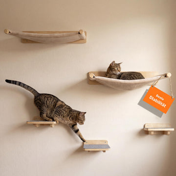 WOOWOOD® 2X Kletterwand Katzen - 3X Katzentreppe Wand- Kratzbaum Wand - Hängematte Katze - Wandkratzbaum - Katzenmöbel - Katzenwand - Katzen Kletterwand Set - Naturhell