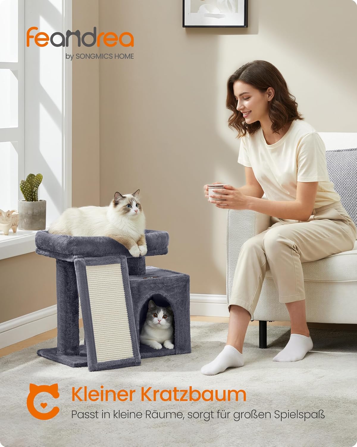 Feandrea Kratzbaum, Katzenbaum mit Kratzsäulen, Rampe, Katzenkratzbaum, 2 große Plattformen, Höhle und Korb, 85,8 cm hoch, Taubengrau PCT013GD01