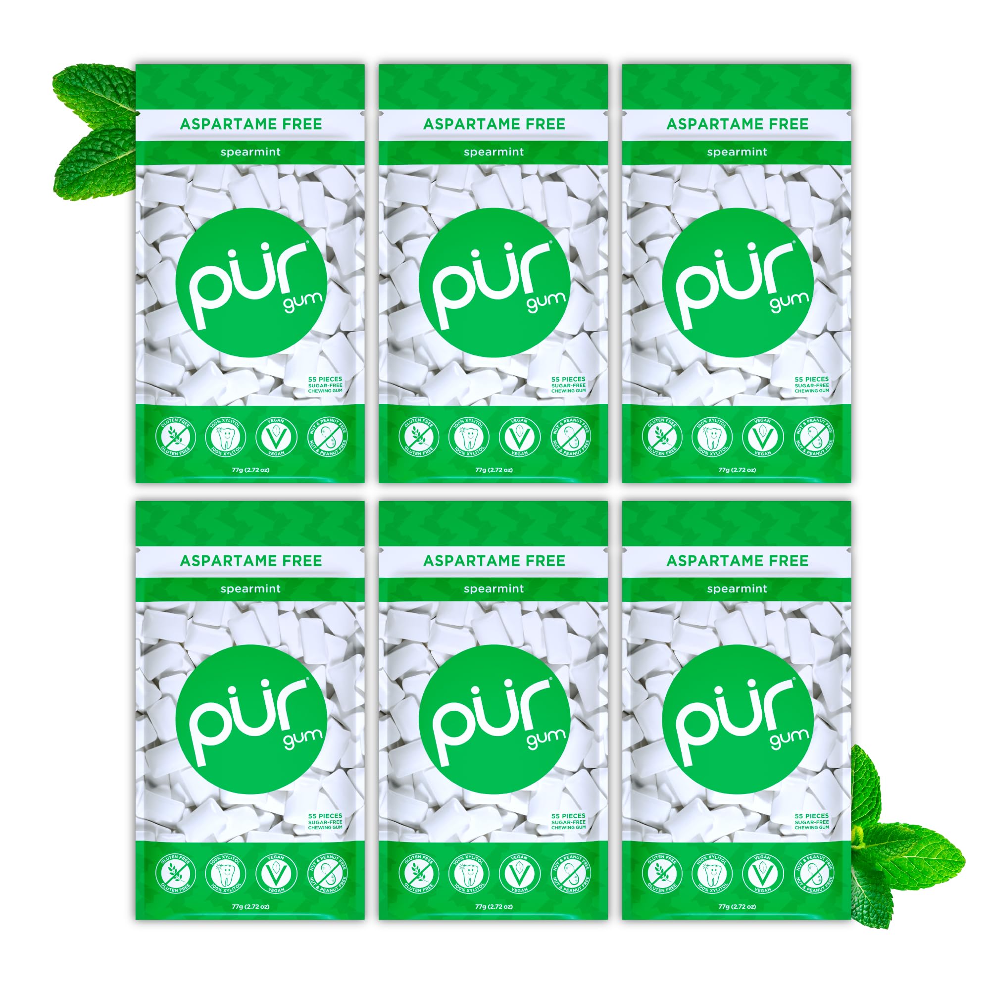 PUR Gum | Zuckerfreier Kaugummi | Mit Xylit | Vegan, Aspartamfrei & Glutenfrei | Natürlicher Kaugummi Mit Spearmint-Geschmack, 55 Stück (3er Pack)