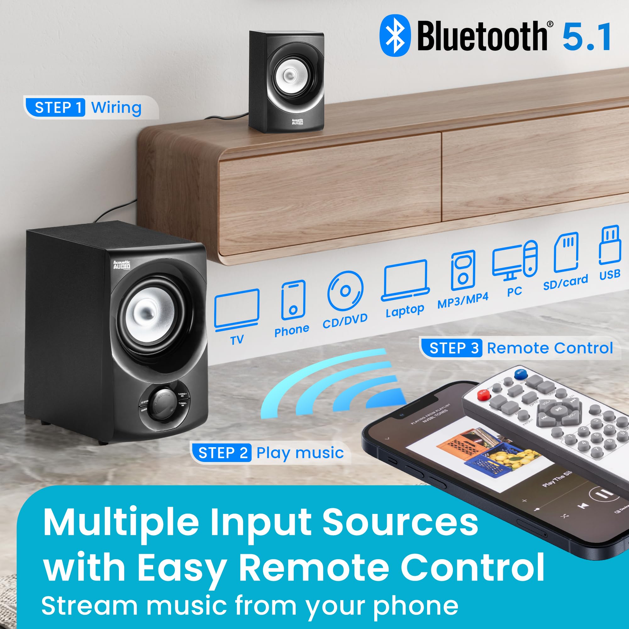 Acoustic Audio AA5170 Home Theater 5.1 Bluetooth Speaker System 700W with Powered Sub