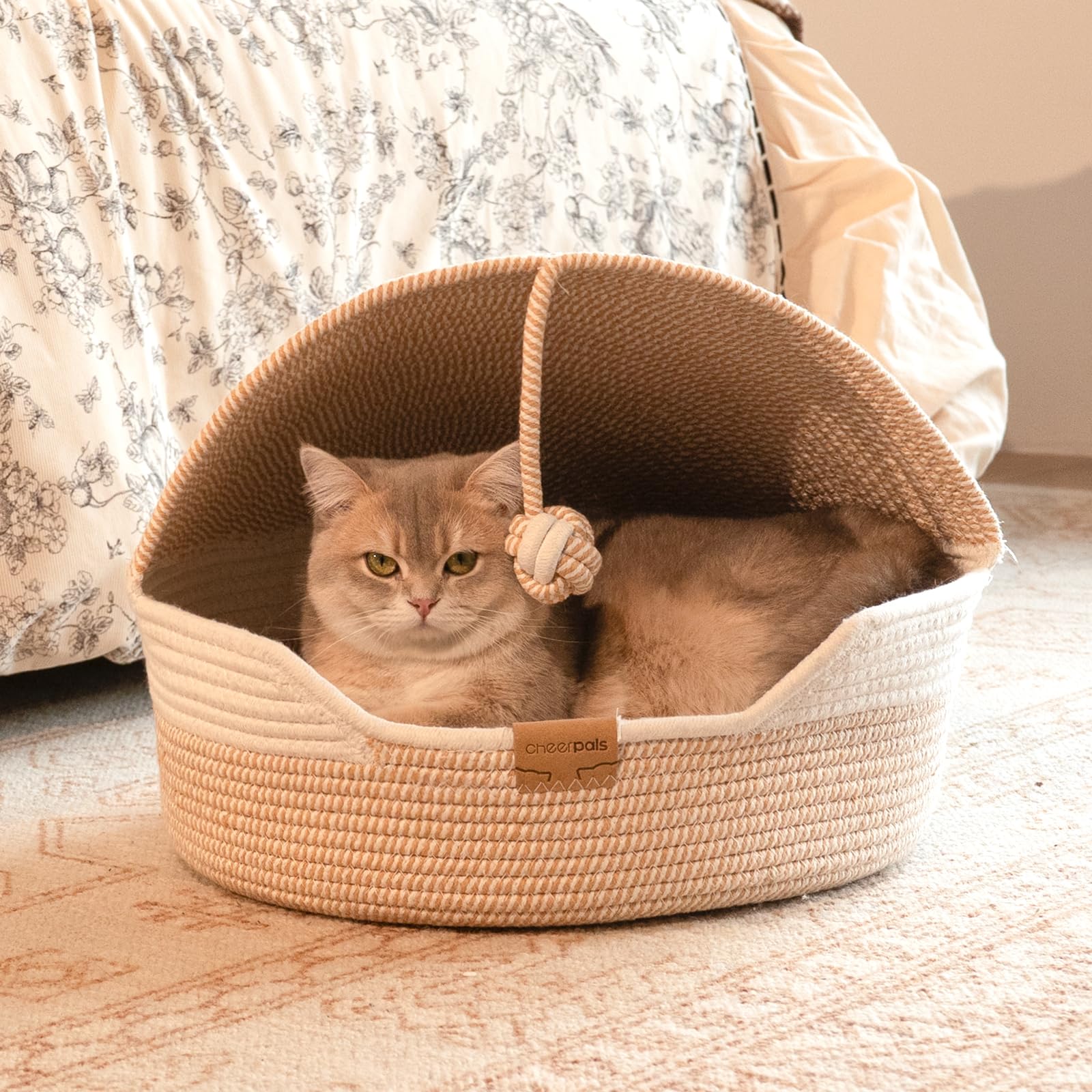 CheerPals Katzenbett mit Kissen, 47cm Waschbar Katzenkorb aus Baumwollseilen geflochten, zum Schlafen für Alle Katze, All Season Universal