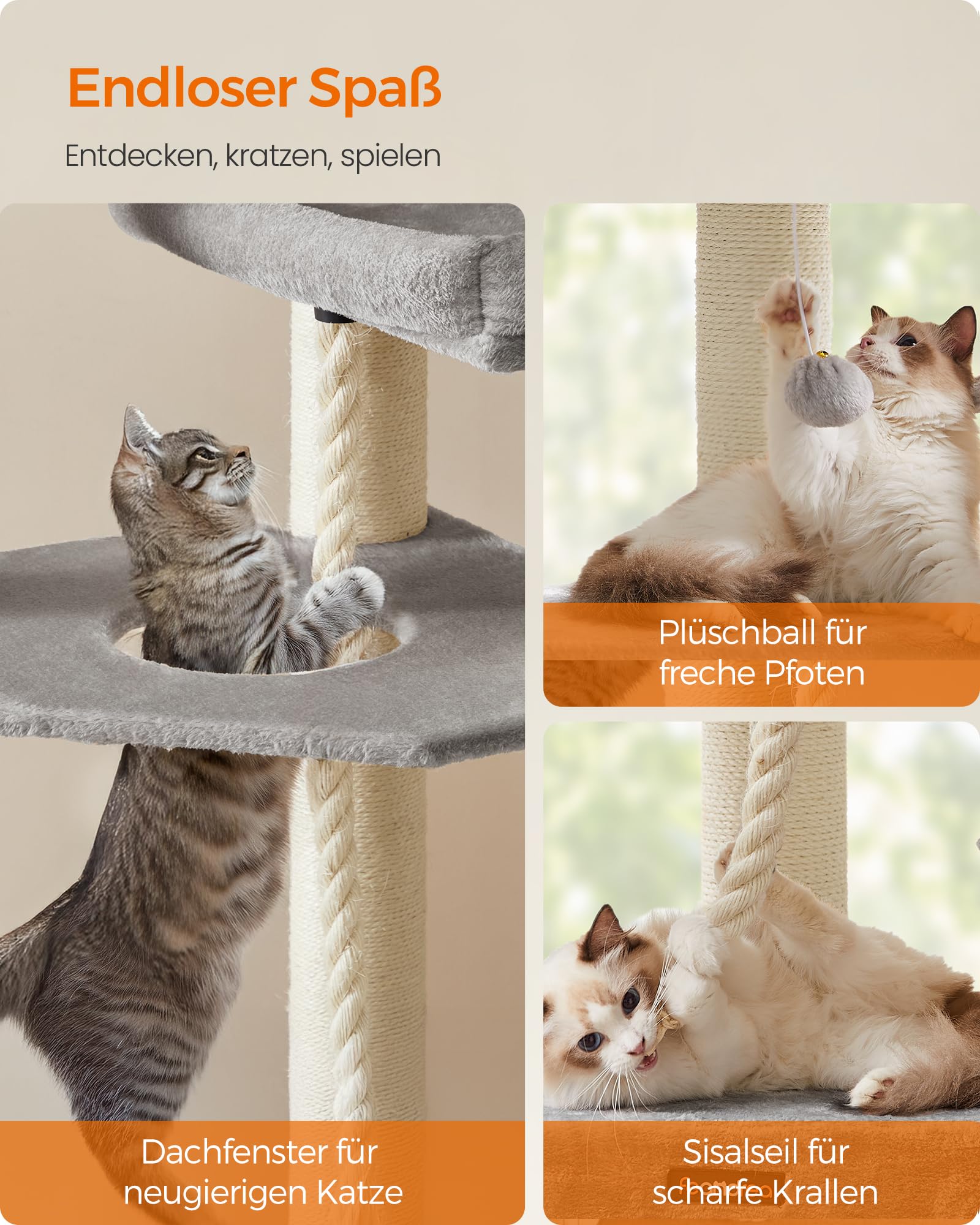 Feandrea Kratzbaum groß, mehrstöckiger Katzenbaum, XXL, 55 x 55 x 186,7 cm, 11 cm d Dicke Sisalstämme, für große Katzen wie Maine-Coon-Katze, Katzenkratzbaum, Taubengrau-tintenschwarz PCT008G02
