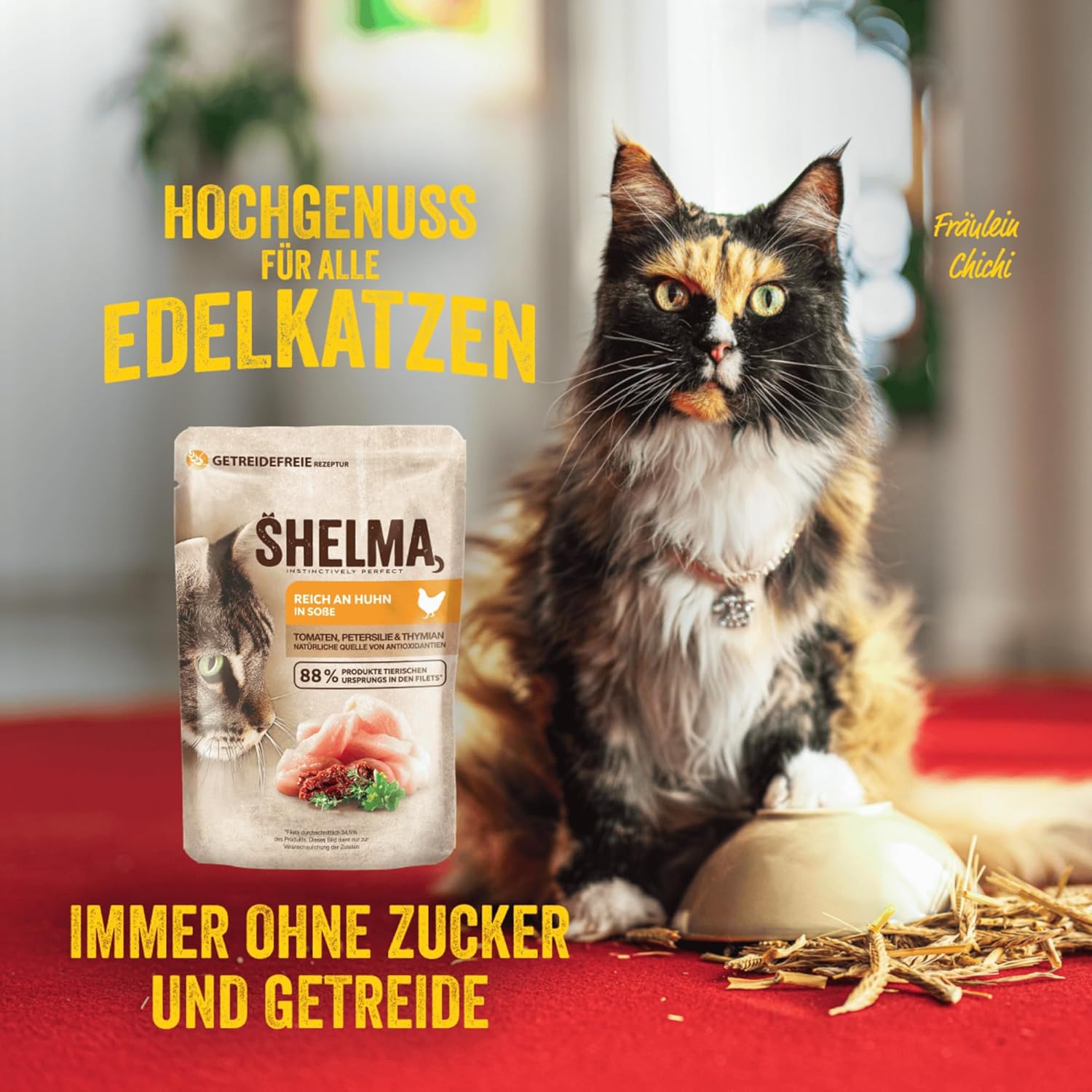 Shelma Katzen-Nassfutter Fleisch Megapack mit den Sorten Rind, Truthahn, Huhn und Ente – Getreidefreies Alleinfuttermittel mit hohem Fleischanteil – 40 x 85 g (3,4 kg)