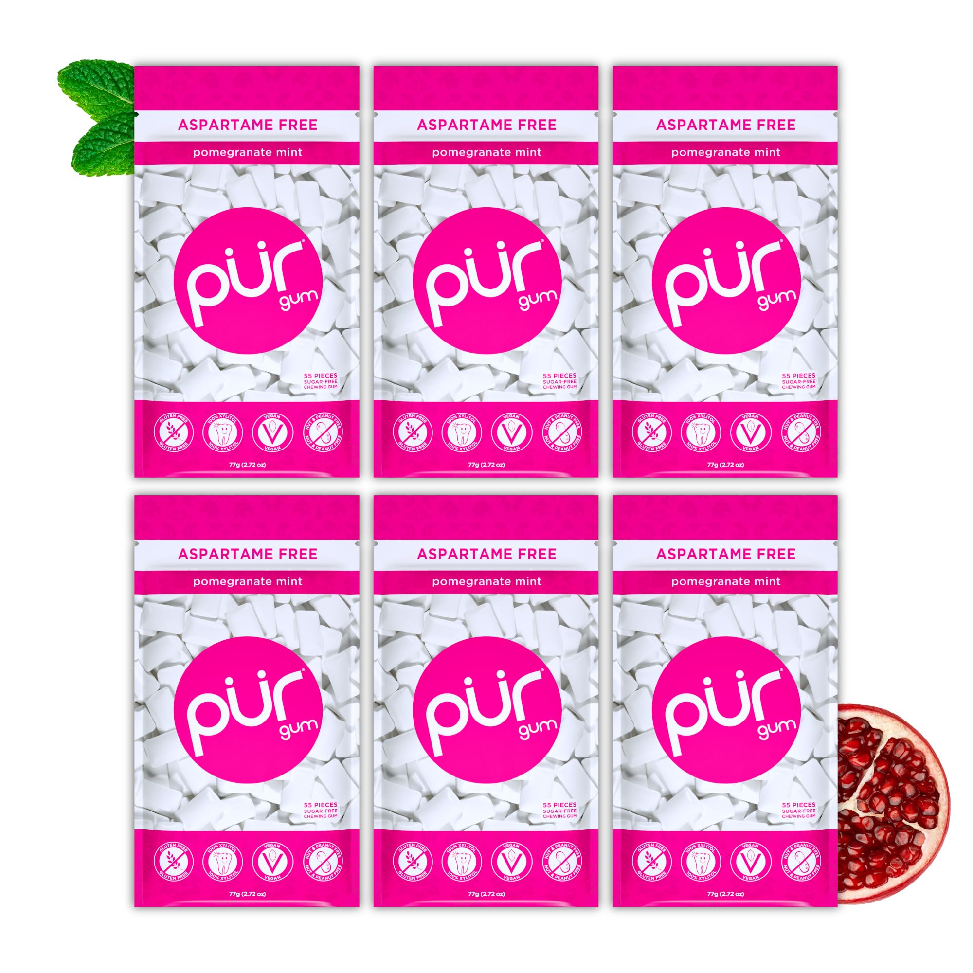 PUR Gum | Zuckerfreier Kaugummi | Mit Xylit | Vegan, Aspartamfrei & Glutenfrei | Natürlicher Kaugummi Mit Spearmint-Geschmack, 55 Stück (3er Pack)