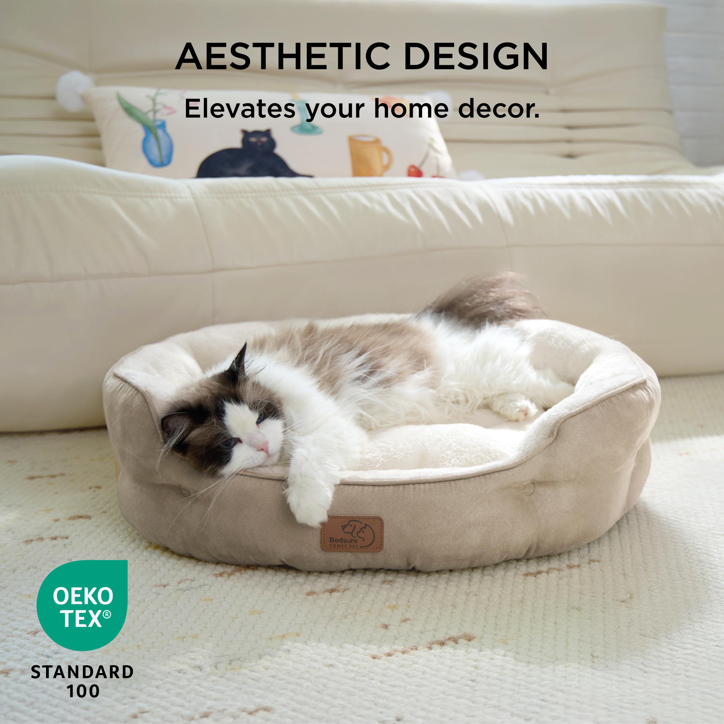 BEDSURE Katzenbett waschbar Katzen Bettchen - 51x48x15cm Katzenkorb mit Zweiseitig Innenkissen Katzenschlafplatz für Katzen oder kleine Hunde,Grau