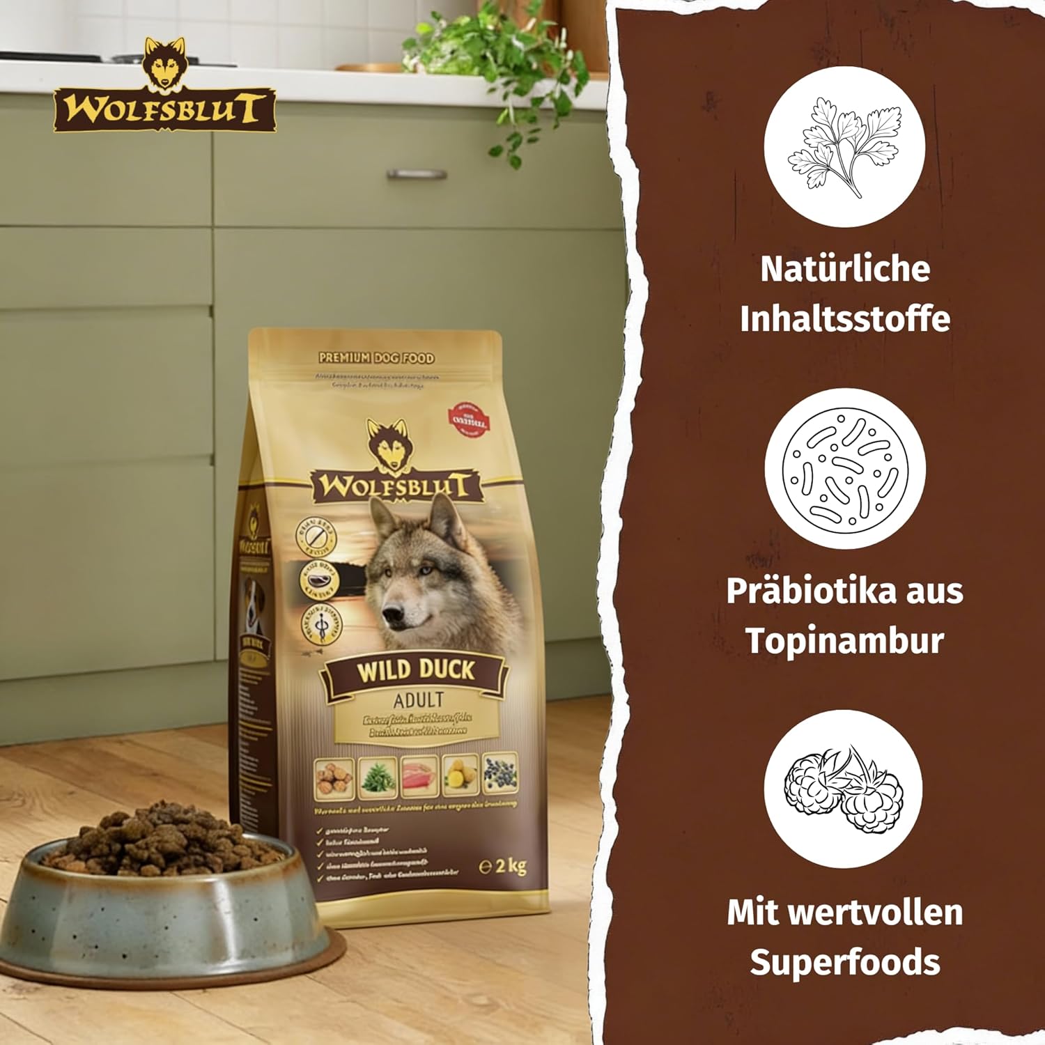 WOLFSBLUT – Wild Duck Adult | Trockenfutter mit natürlichen Zutaten und Superfoods für ausgewachsene Hunde. Getreidefreies Alleinfutter ohne Zusatzstoffe im Beutel | 12,5kg Ente