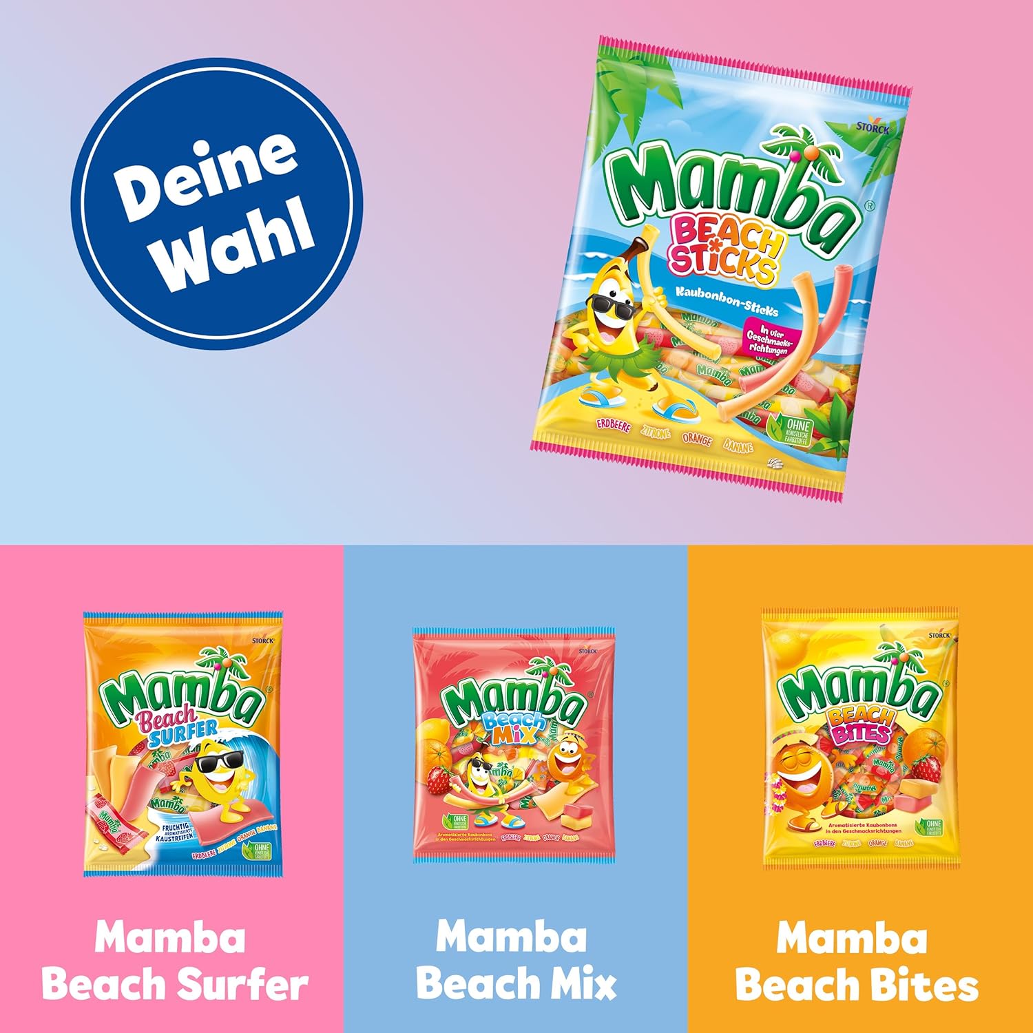 Mamba Beach Mix – 1 x 160g – Fruchtige Kaubonbons mit Mamba Beach Surfer, Mamba Beach Sticks & Mamba Beach Bites – Fruchtgummi Mix einzeln verpackt