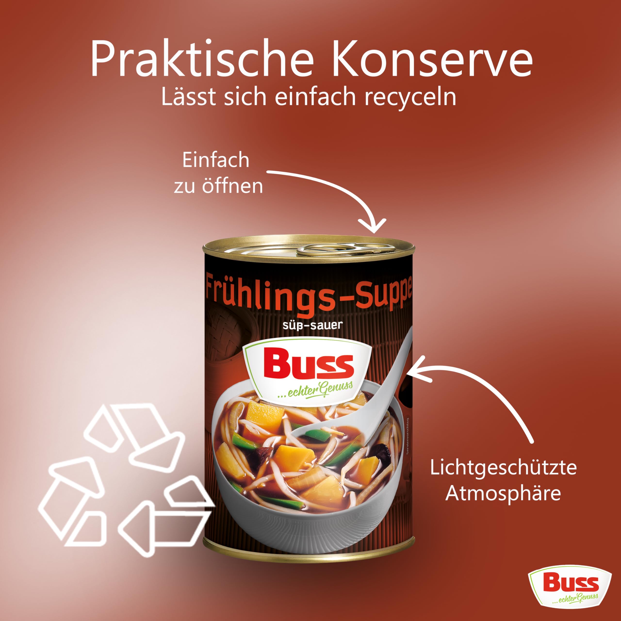 Buss Asia Suppen - Bihunsuppe Original nach indonesischer Art - Milde Asia Suppe mit Paprika, Hühnerfleisch und Glasnudeln - Schnelle Fertiggerichte zum Aufwärmen in Mikrowelle & Topf - 12 x 400g