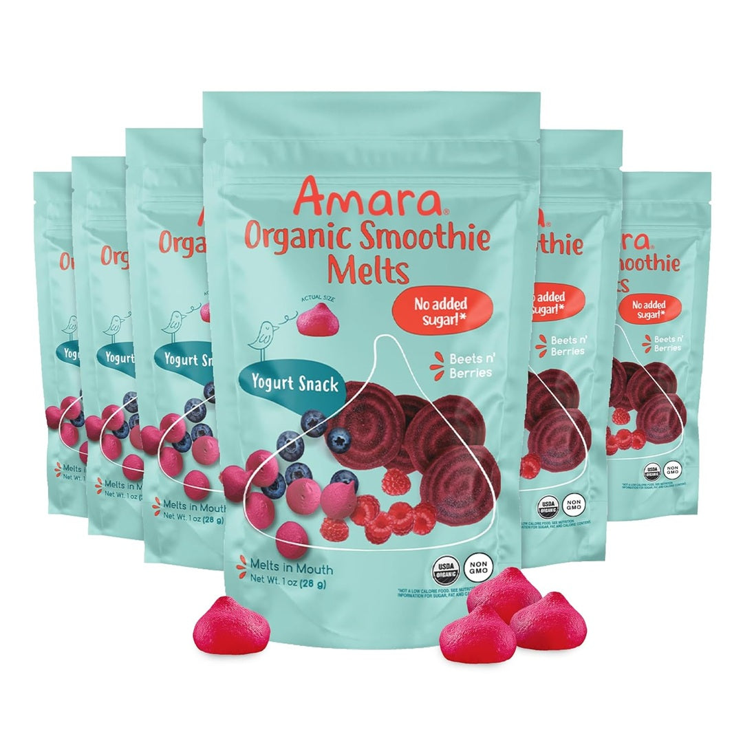Amara Smoothie Melts - Mixed Red Berries - Baby Snacks Made With Fruits and Vegetables - Healthy Toddler Snacks For Your Kids Lunch Box - Organic Plant Based Yogurt Melts - 6 Resealable Bags