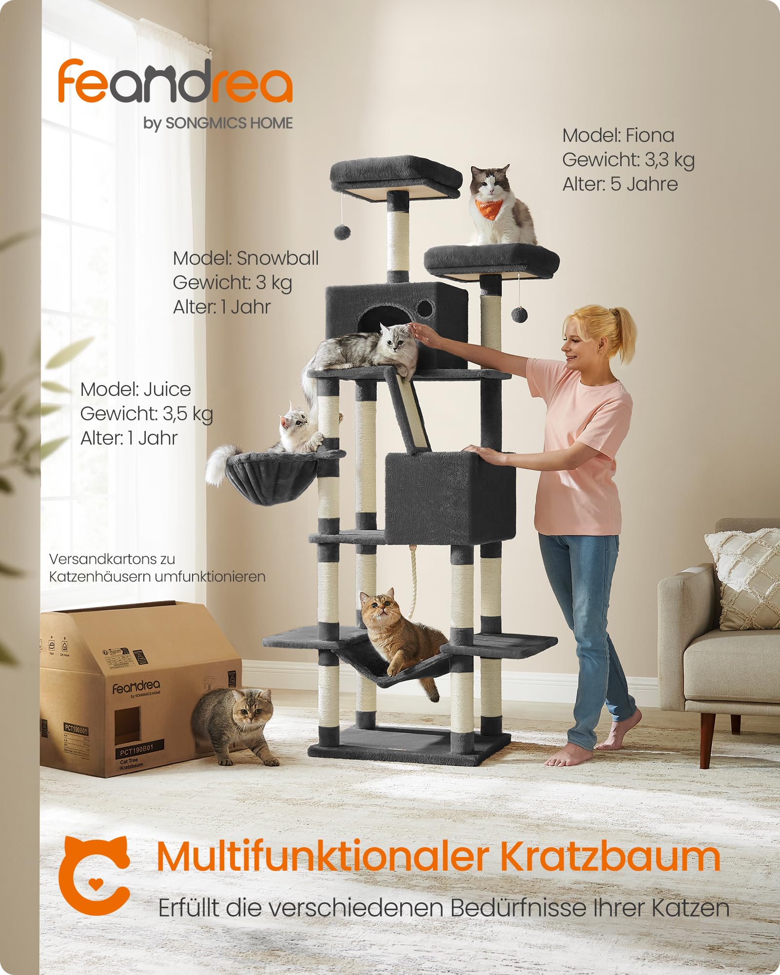 Feandrea Kratzbaum groß, 203,5 cm hoch, XXL Katzenbaum, mit 13 Kratzsäulen, 2 Plattformen, 2 Höhlen, Korb, Hängematte, Plüschbälle, mehrstöckiger Katzenkratzbaum, rauchgrau PCT190G01