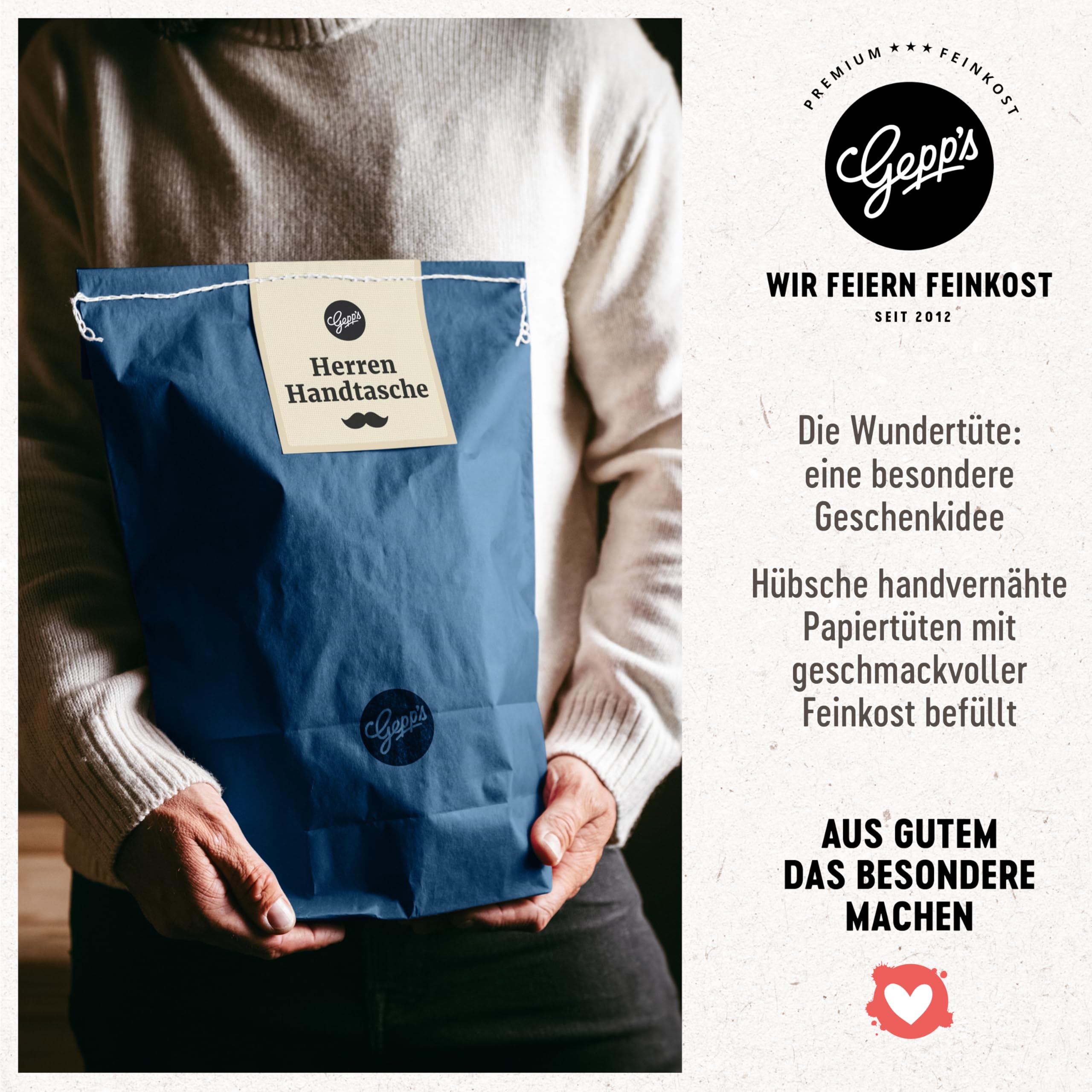 Gepp’s Feinkost Herrenhandtasche I Lustiges Männergeschenk gefüllt mit Delikatessen wie Knoblauch-Chili-Sauce, Edelkräuter-Olivenöl, Texas BBQ Rub I Geschenkidee für Männer