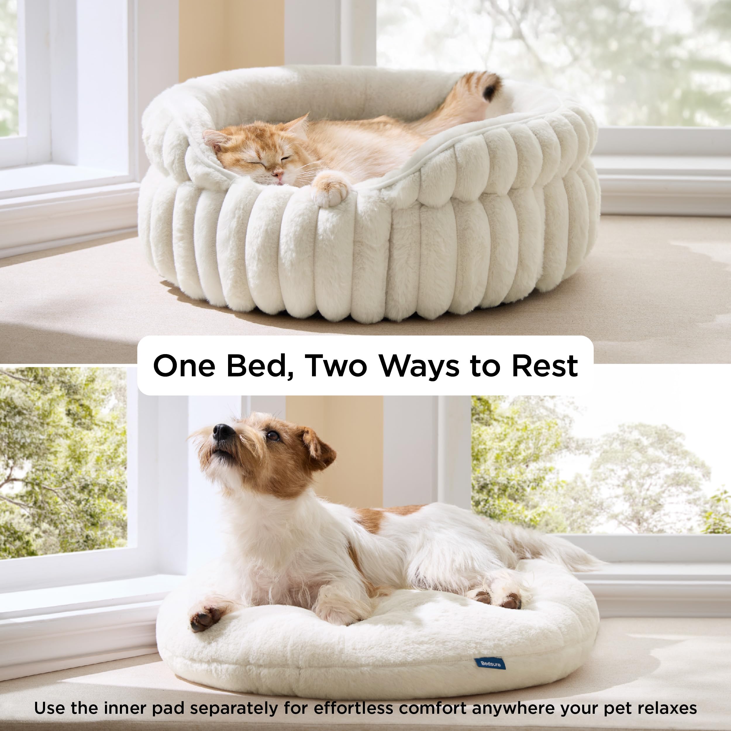 BEDSURE Flauschiges Katzenbett für Wohnungskatzen - 51 x 51 cm kleines rundes Katzenbett, waschbares Katzenbett für Kätzchen und Welpen mit Rutschfester Unterseite und abnehmbarem Kissen, grau