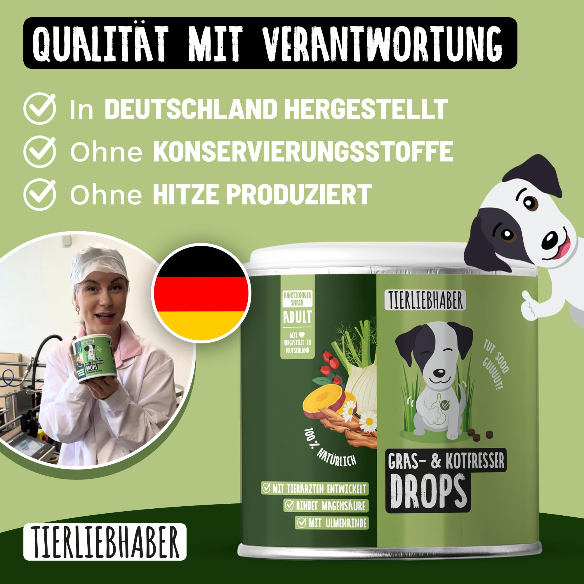 TIERLIEBHABER – Gras- & Kotfresser Drops bei Sodbrennen Hund mit Ulmenrinde für Hunde – Tierärztlich entwickelt – Hund Sodbrennen Drops angereichert mit Moor und Fenchel – 350 g mit ca. 160 Drops