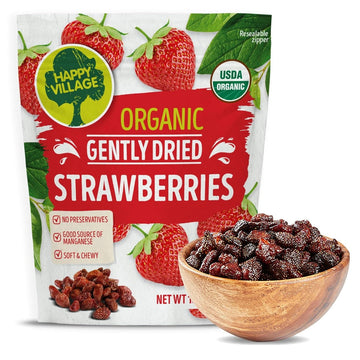Happy Village Organic Whole Dried Strawberries, 18 OZ Resealable Pack - Soft & Juicy, Kosher, Non-GMO, No Refined Sugar, Apple Juice Infused Dried Strawberry