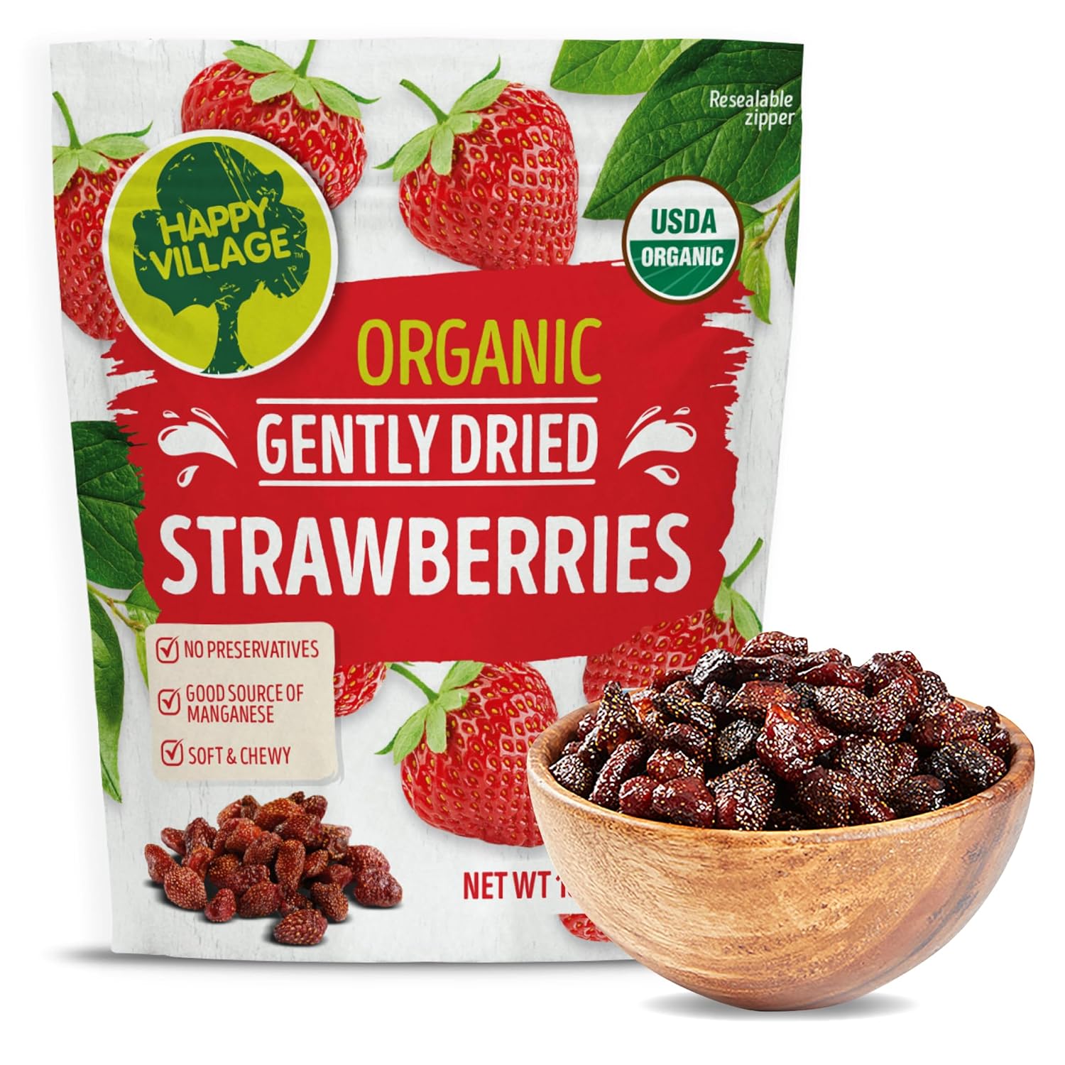 Happy Village Organic Whole Dried Strawberries, 18 OZ Resealable Pack - Soft & Juicy, Kosher, Non-GMO, No Refined Sugar, Apple Juice Infused Dried Strawberry